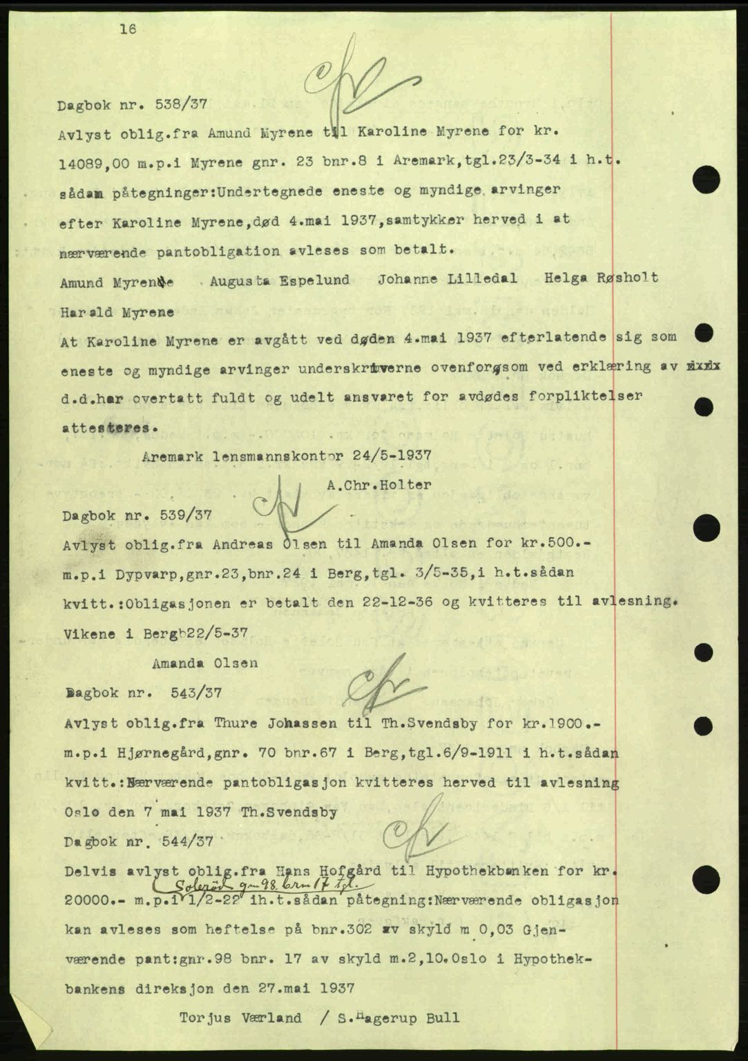 Idd og Marker sorenskriveri, AV/SAO-A-10283/G/Gb/Gbc/L0001: Mortgage book no. B1-3, 1936-1939, Diary no: : 538/1937