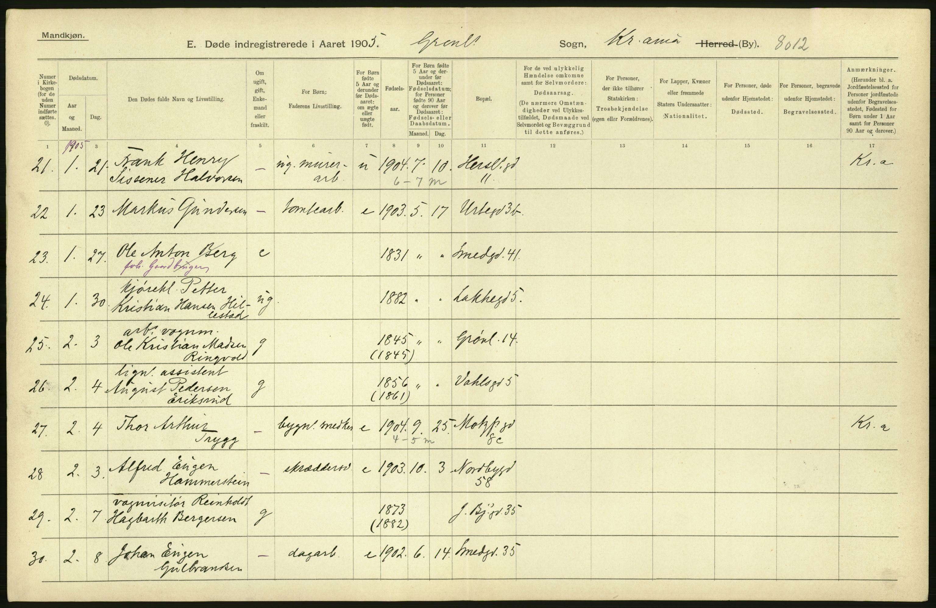 Statistisk sentralbyrå, Sosiodemografiske emner, Befolkning, AV/RA-S-2228/D/Df/Dfa/Dfac/L0007a: Kristiania: Døde, dødfødte., 1905, p. 732