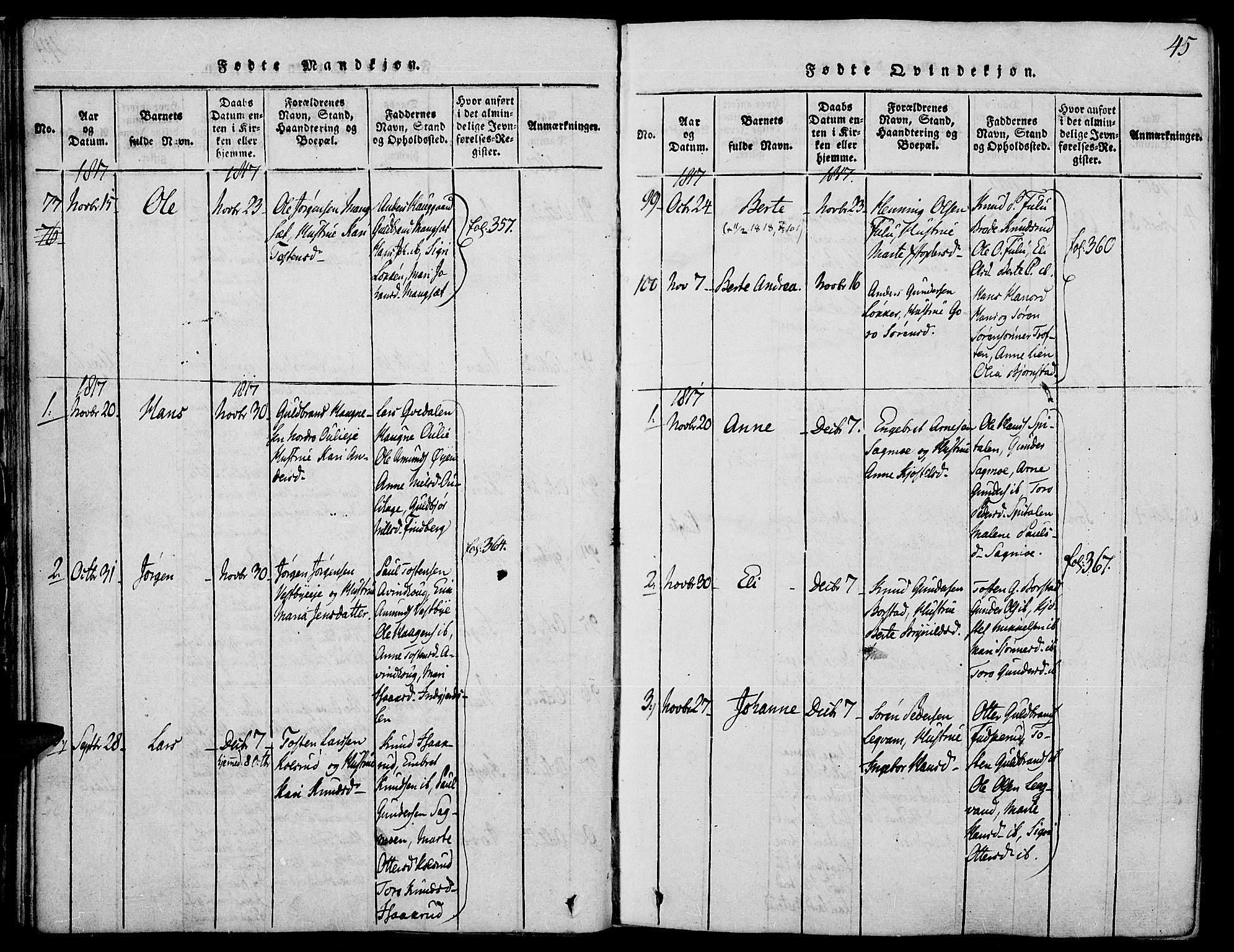 Strøm-Odalen prestekontor, SAH/PREST-028/H/Ha/Haa/L0006: Parish register (official) no. 6, 1814-1850, p. 45