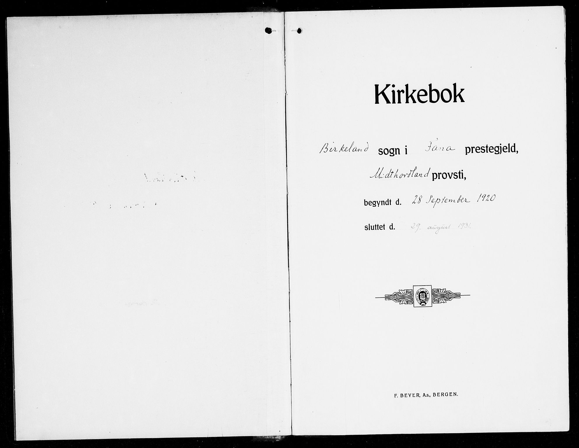 Fana Sokneprestembete, AV/SAB-A-75101/H/Haa/Haak/L0001: Parish register (official) no. K 1, 1920-1931