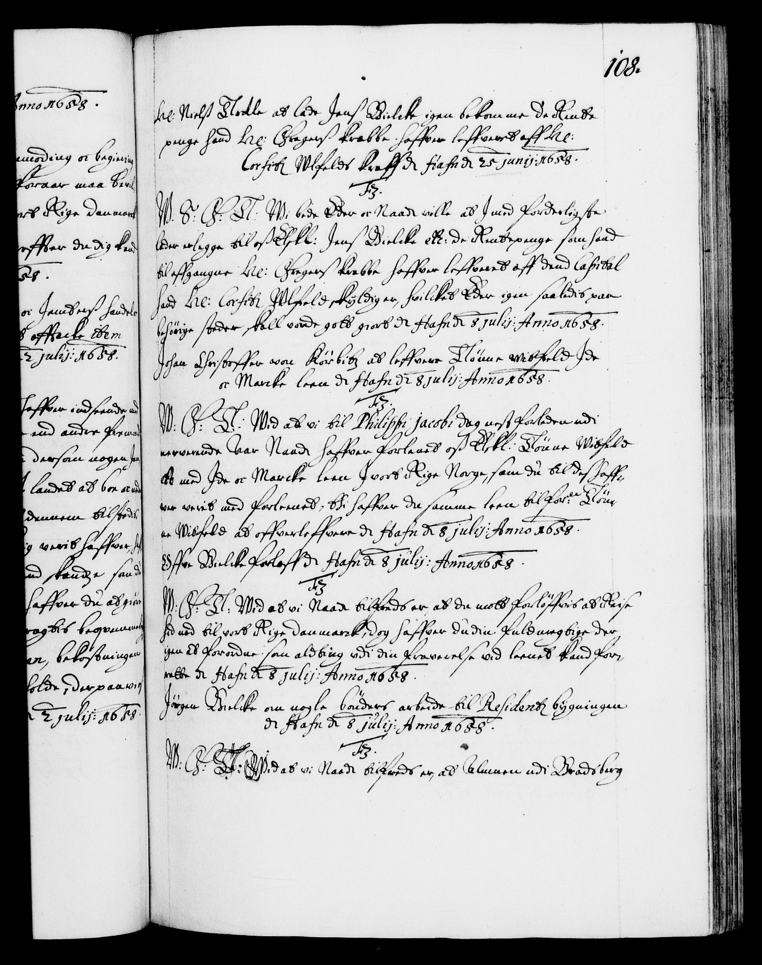 Danske Kanselli 1572-1799, AV/RA-EA-3023/F/Fc/Fca/Fcab/L0010: Norske tegnelser (mikrofilm), 1657-1660, p. 108a