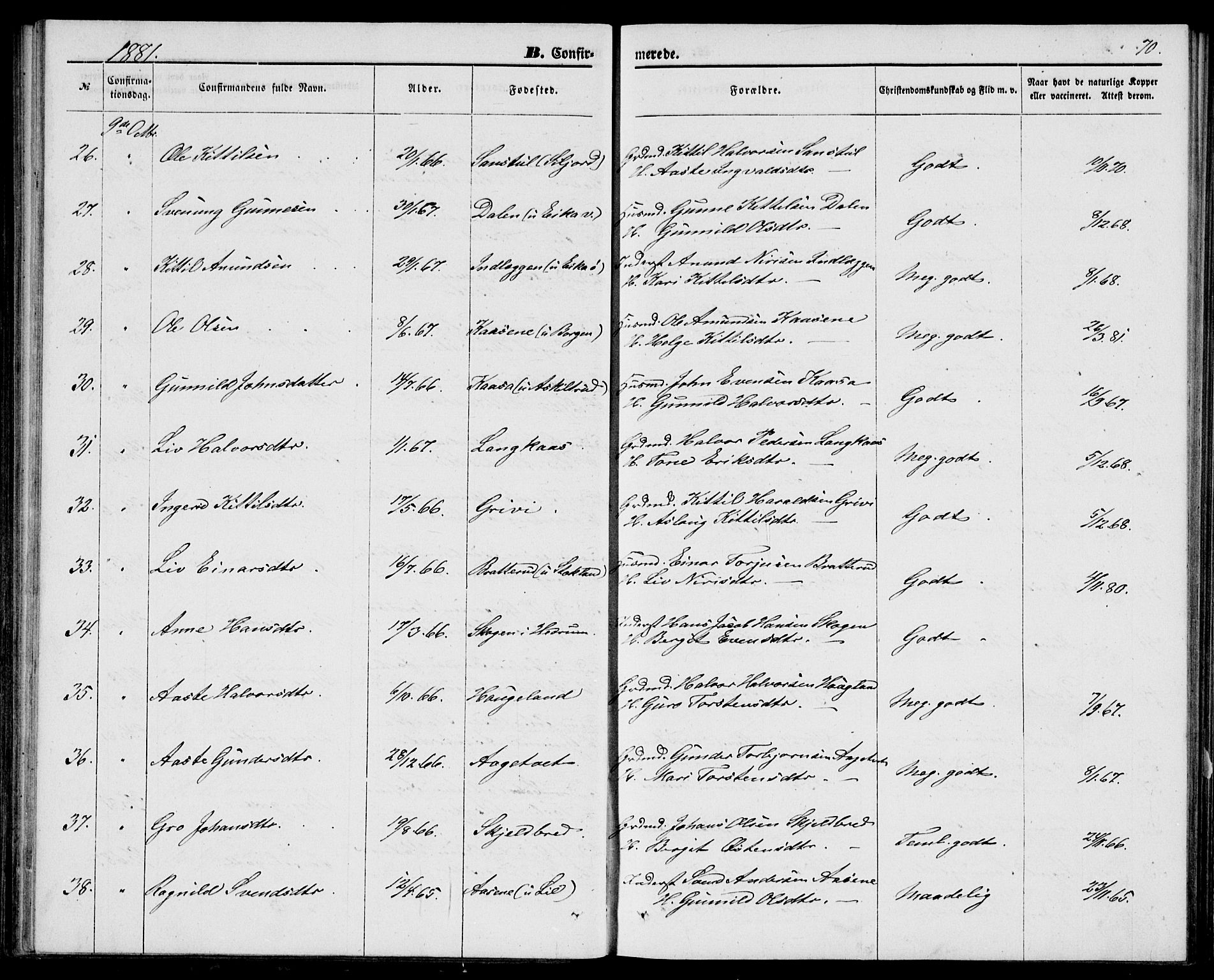 Bø kirkebøker, SAKO/A-257/G/Ga/L0004: Parish register (copy) no. 4, 1876-1882, p. 70