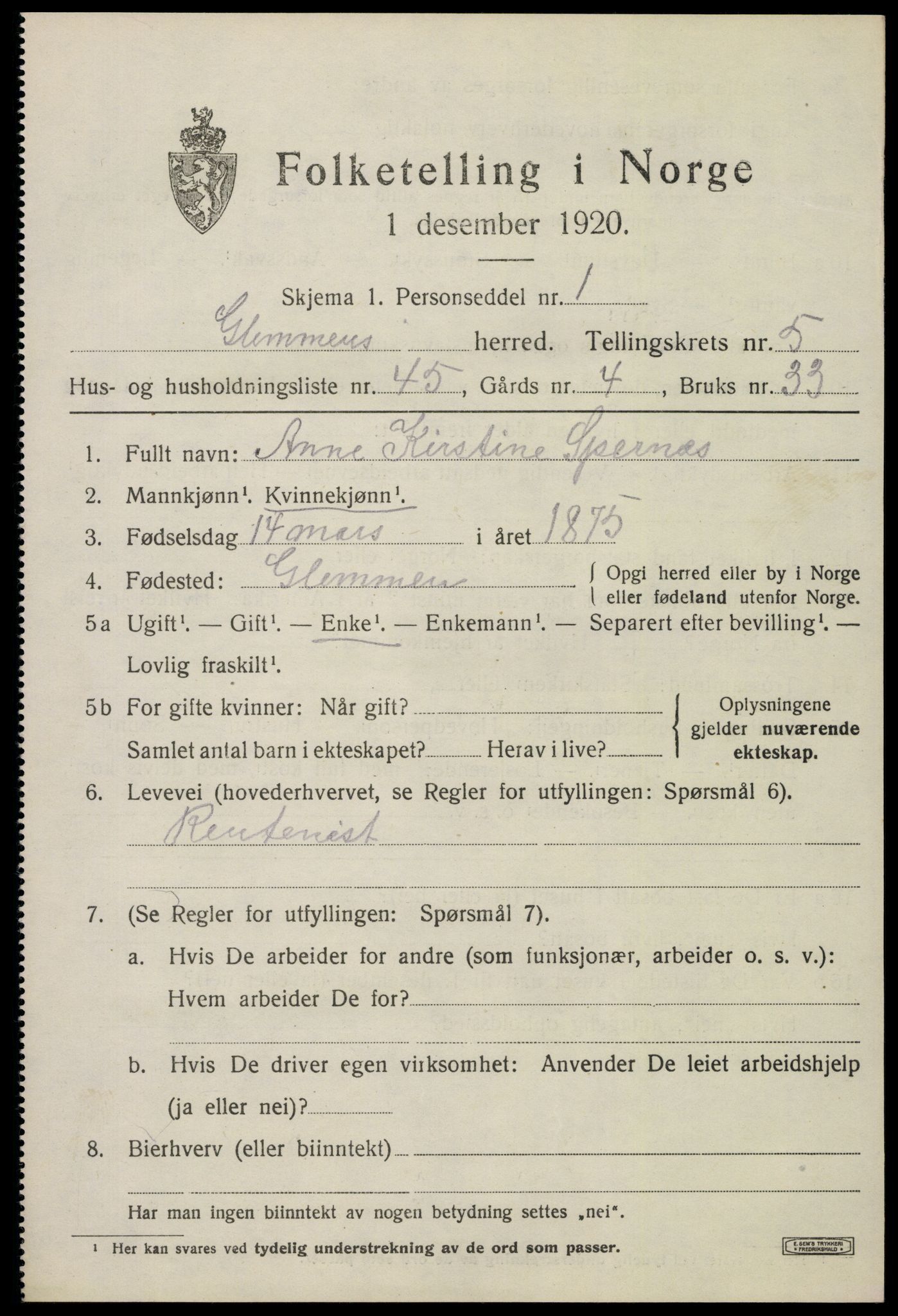 SAO, 1920 census for Glemmen, 1920, p. 17373