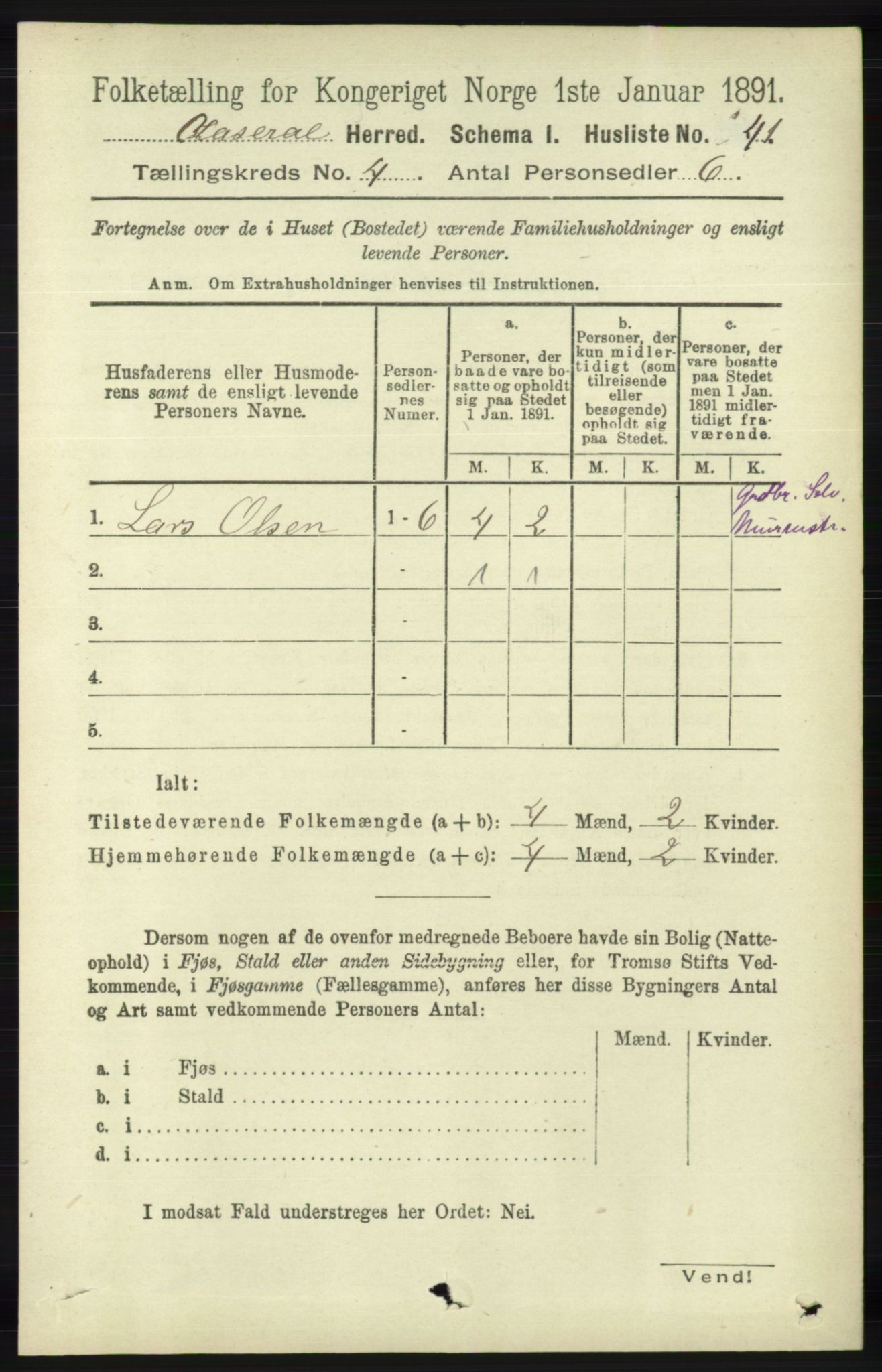 RA, 1891 census for 1026 Åseral, 1891, p. 1162