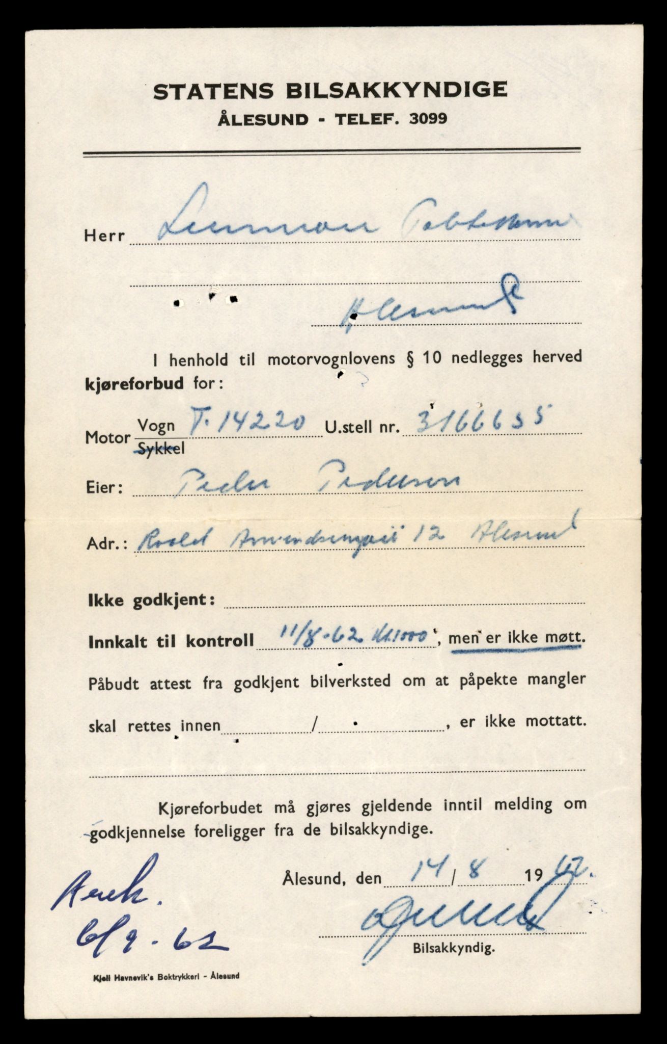 Møre og Romsdal vegkontor - Ålesund trafikkstasjon, SAT/A-4099/F/Fe/L0044: Registreringskort for kjøretøy T 14205 - T 14319, 1927-1998, p. 518