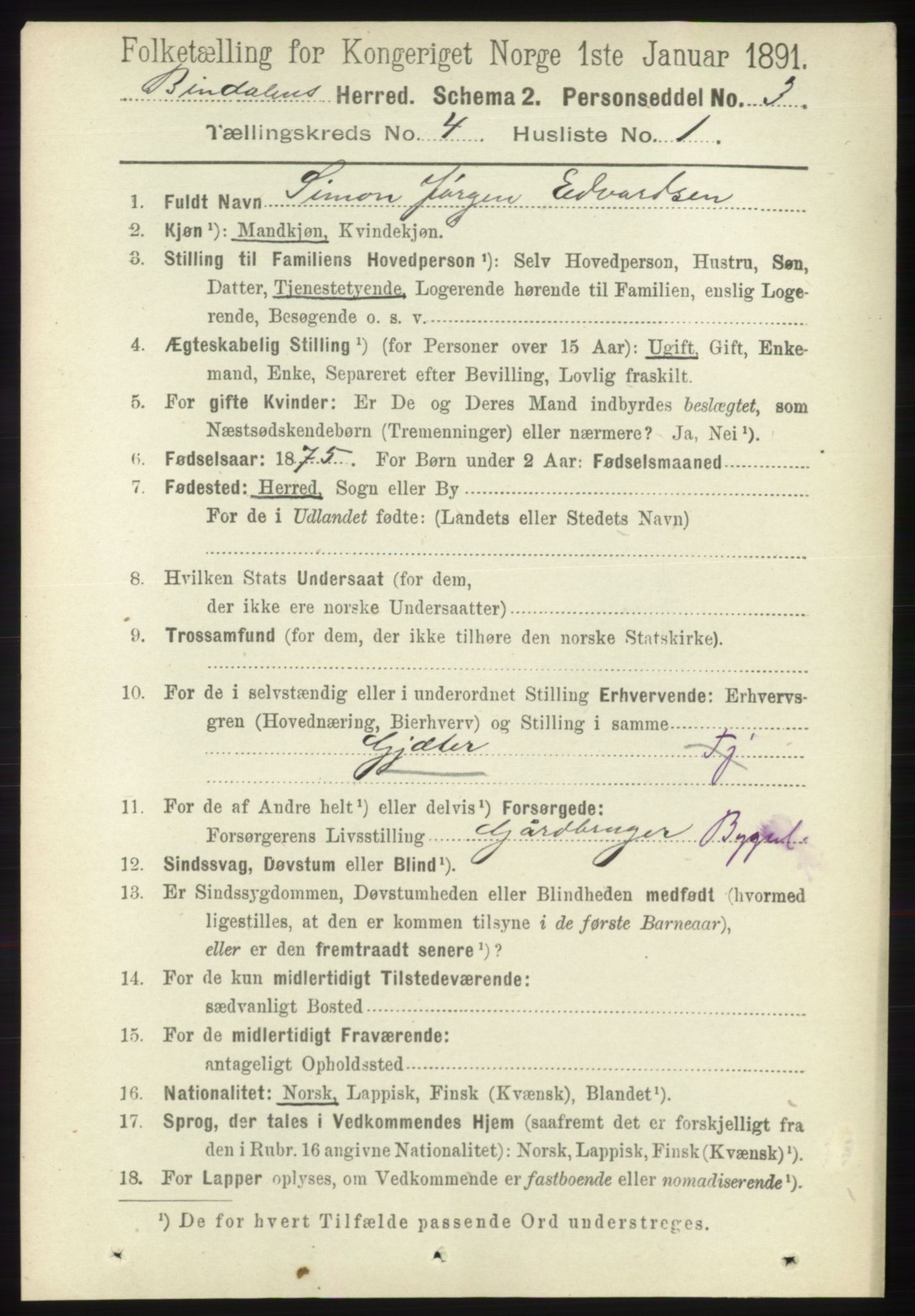 RA, 1891 census for 1811 Bindal, 1891, p. 1037