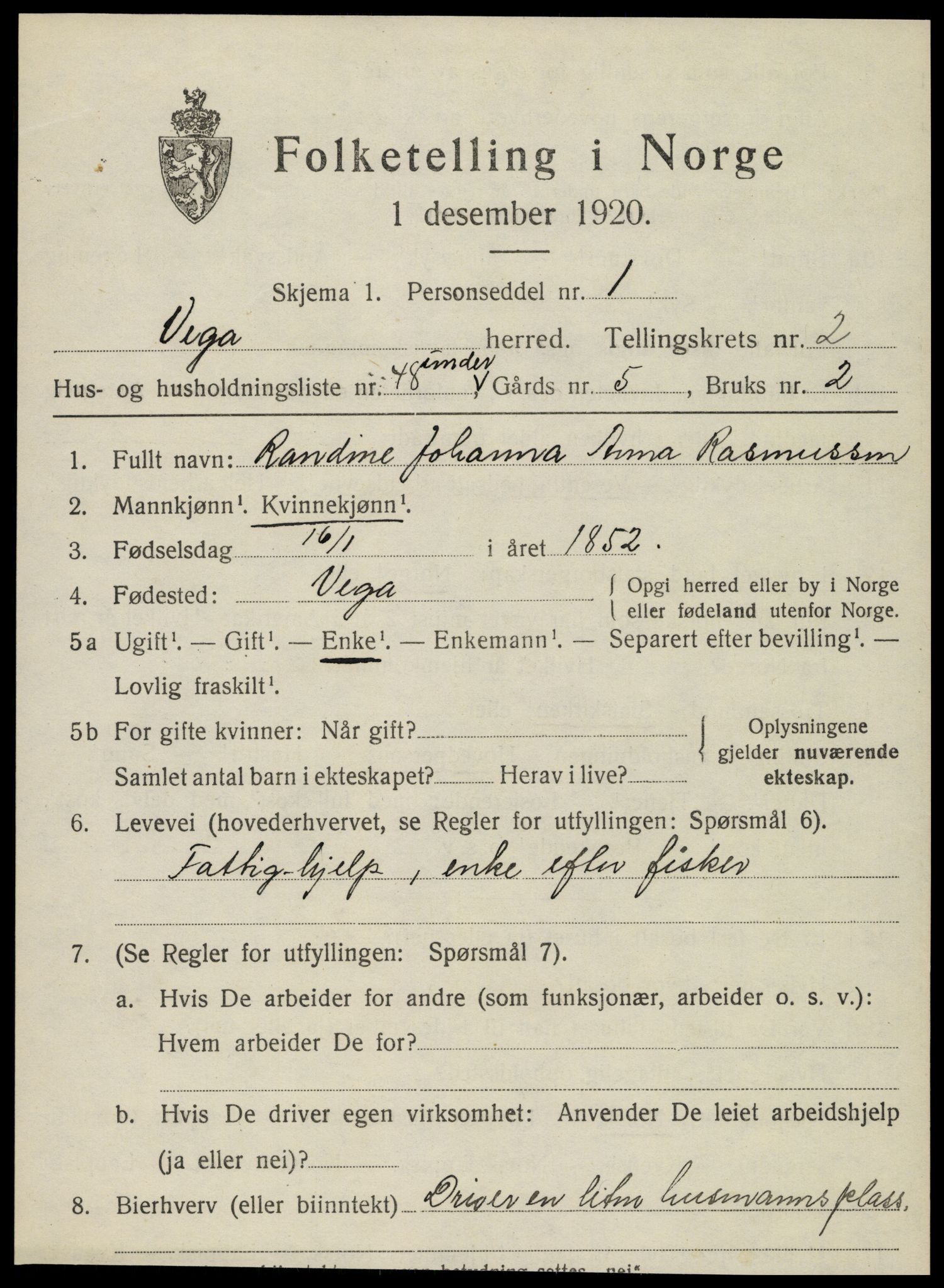 SAT, 1920 census for Vega, 1920, p. 1691