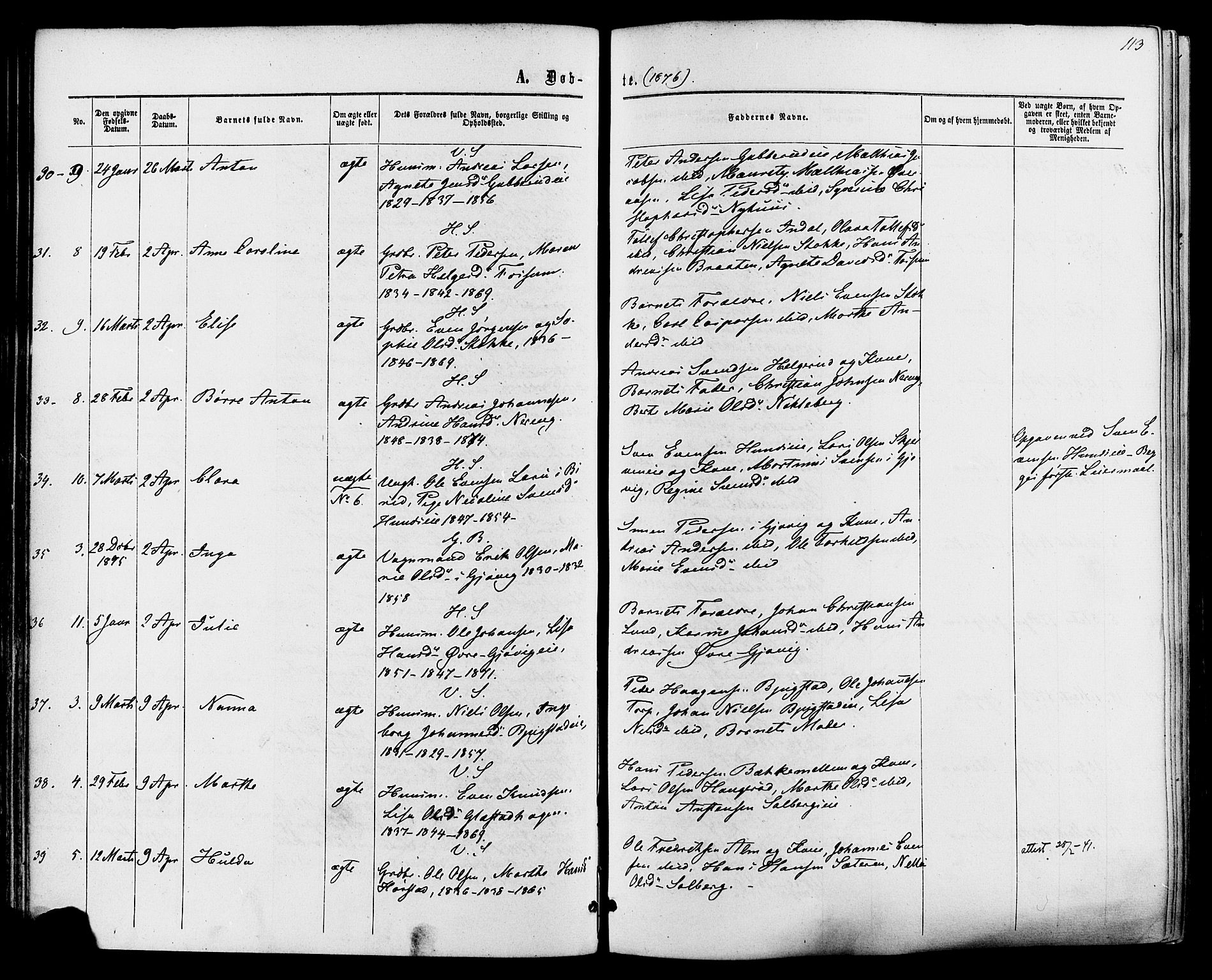 Vardal prestekontor, AV/SAH-PREST-100/H/Ha/Haa/L0007: Parish register (official) no. 7, 1867-1878, p. 113