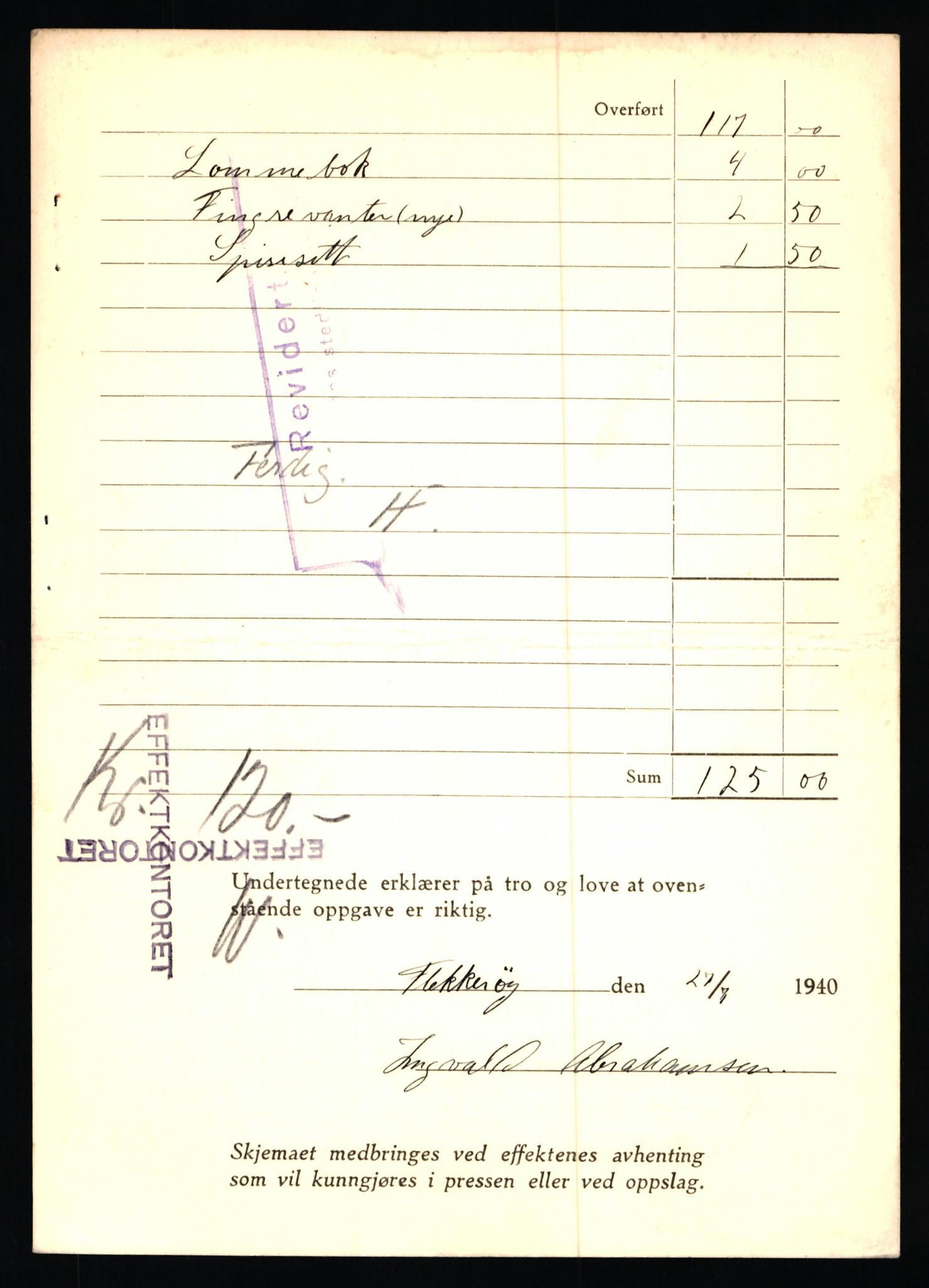 Justisdepartementet, Oppgjørsavdelingen, AV/RA-S-1056/G/Gb/L0001: Oppgaver over ettersøkte sivile effekter: Abel - Andersen, Anders J., 1940-1942, p. 102