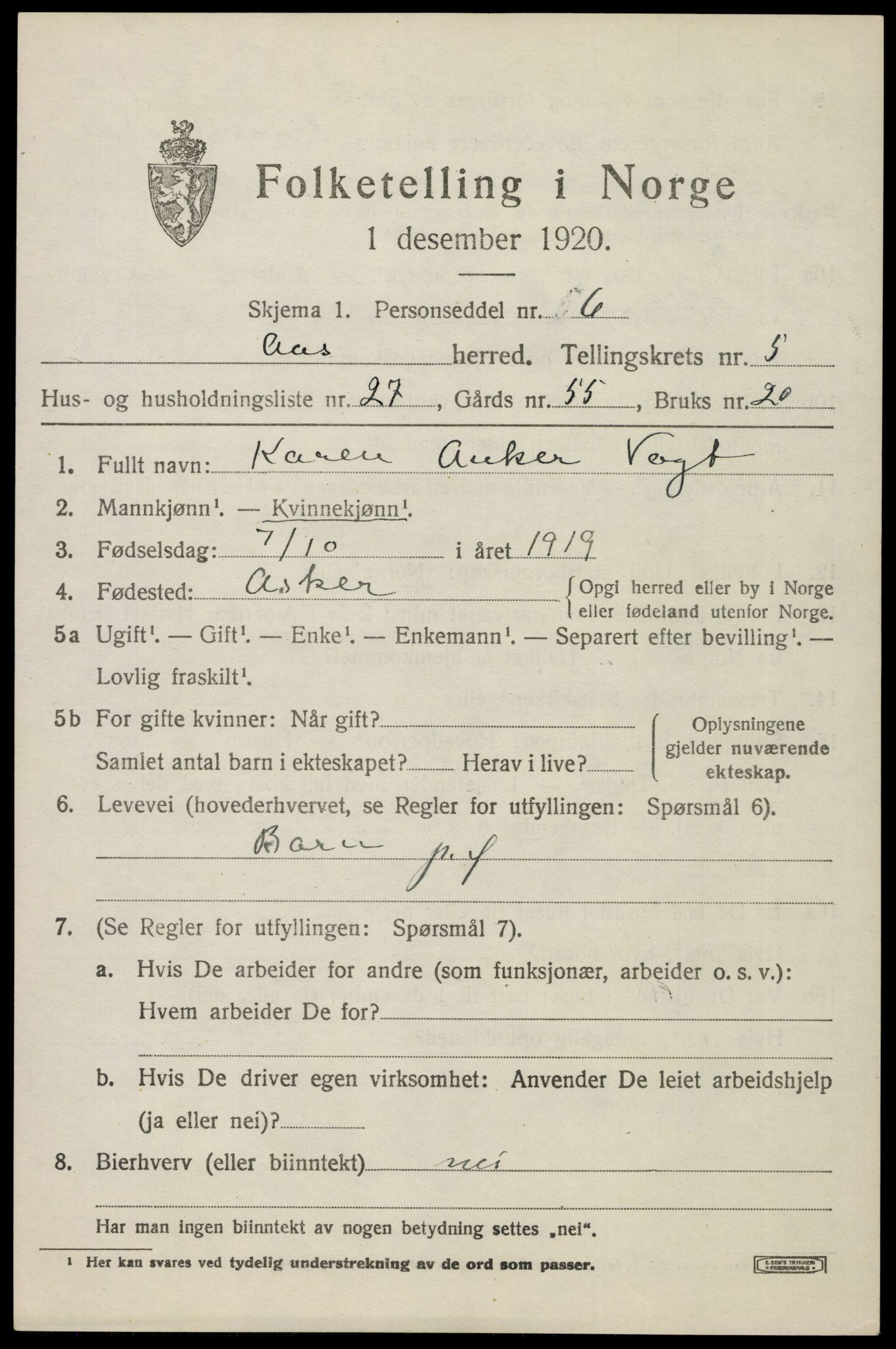 SAO, 1920 census for Ås, 1920, p. 6208