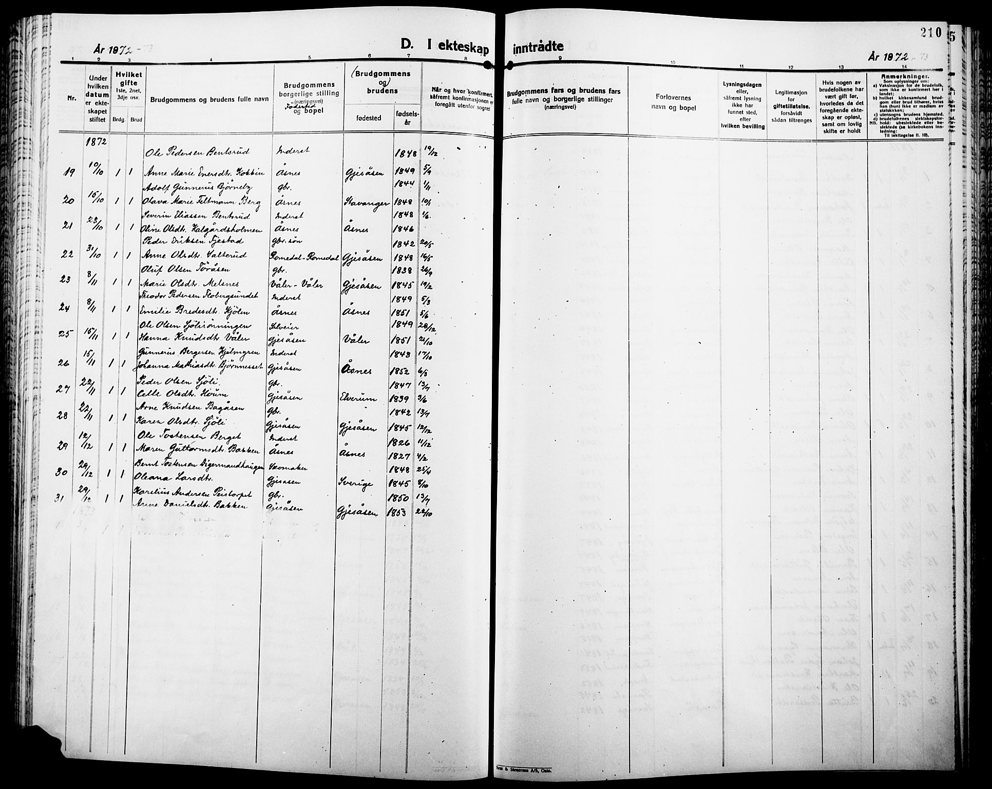 Åsnes prestekontor, AV/SAH-PREST-042/H/Ha/Haa/L0000B: Parish register (official), 1870-1889, p. 210