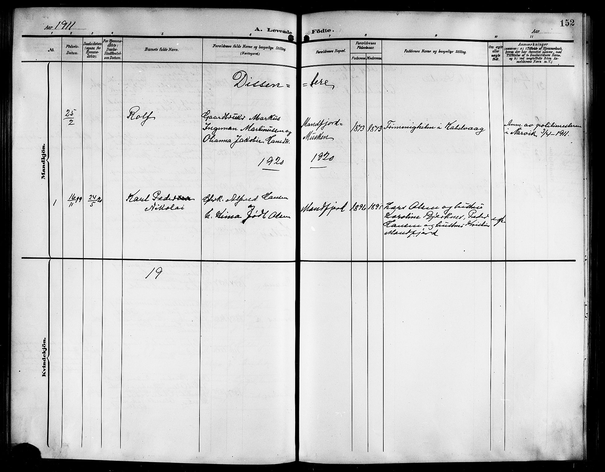 Ministerialprotokoller, klokkerbøker og fødselsregistre - Nordland, AV/SAT-A-1459/861/L0877: Parish register (copy) no. 861C03, 1903-1919, p. 152