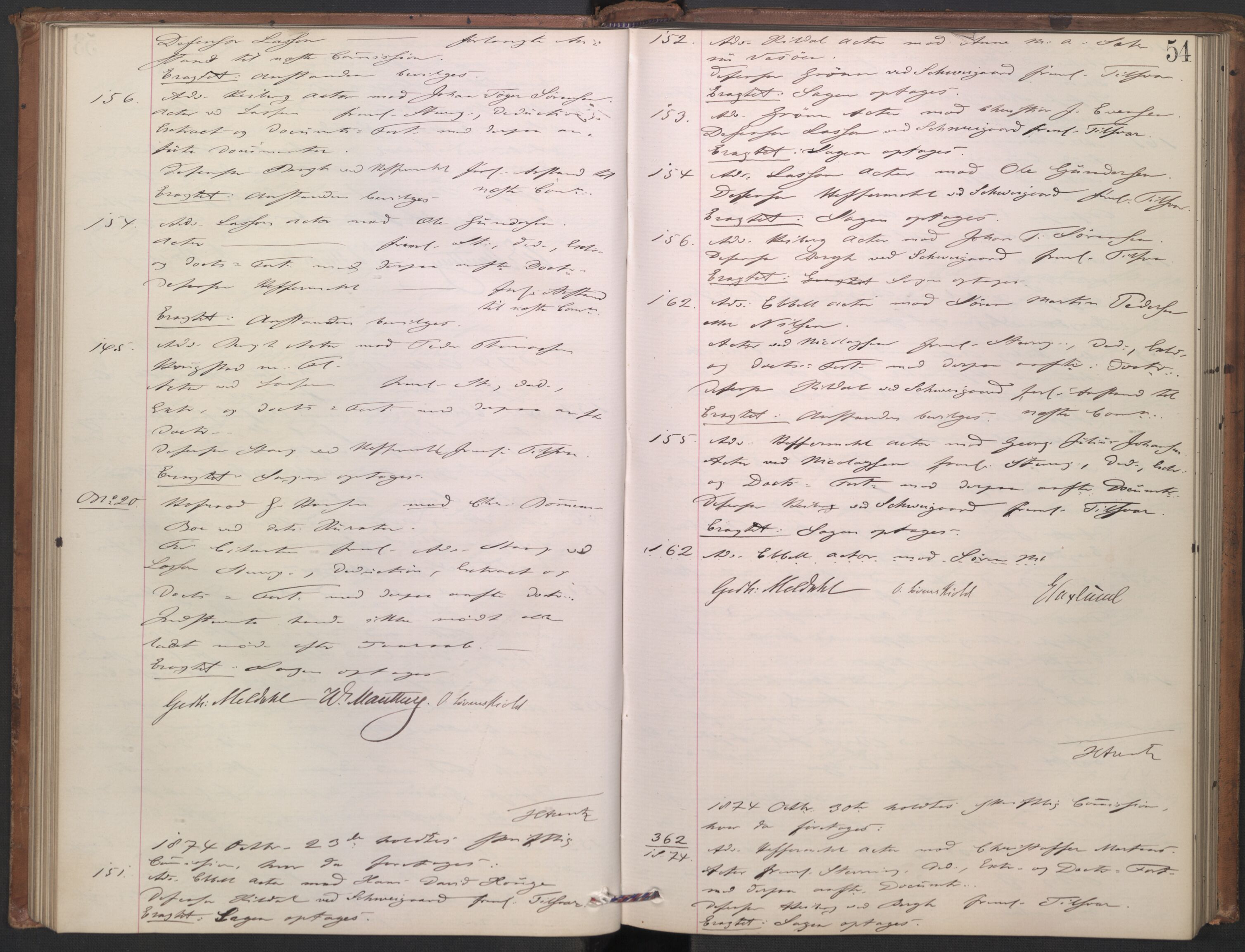 Høyesterett, AV/RA-S-1002/E/Ef/L0013: Protokoll over saker som gikk til skriftlig behandling, 1873-1879, p. 53b-54a