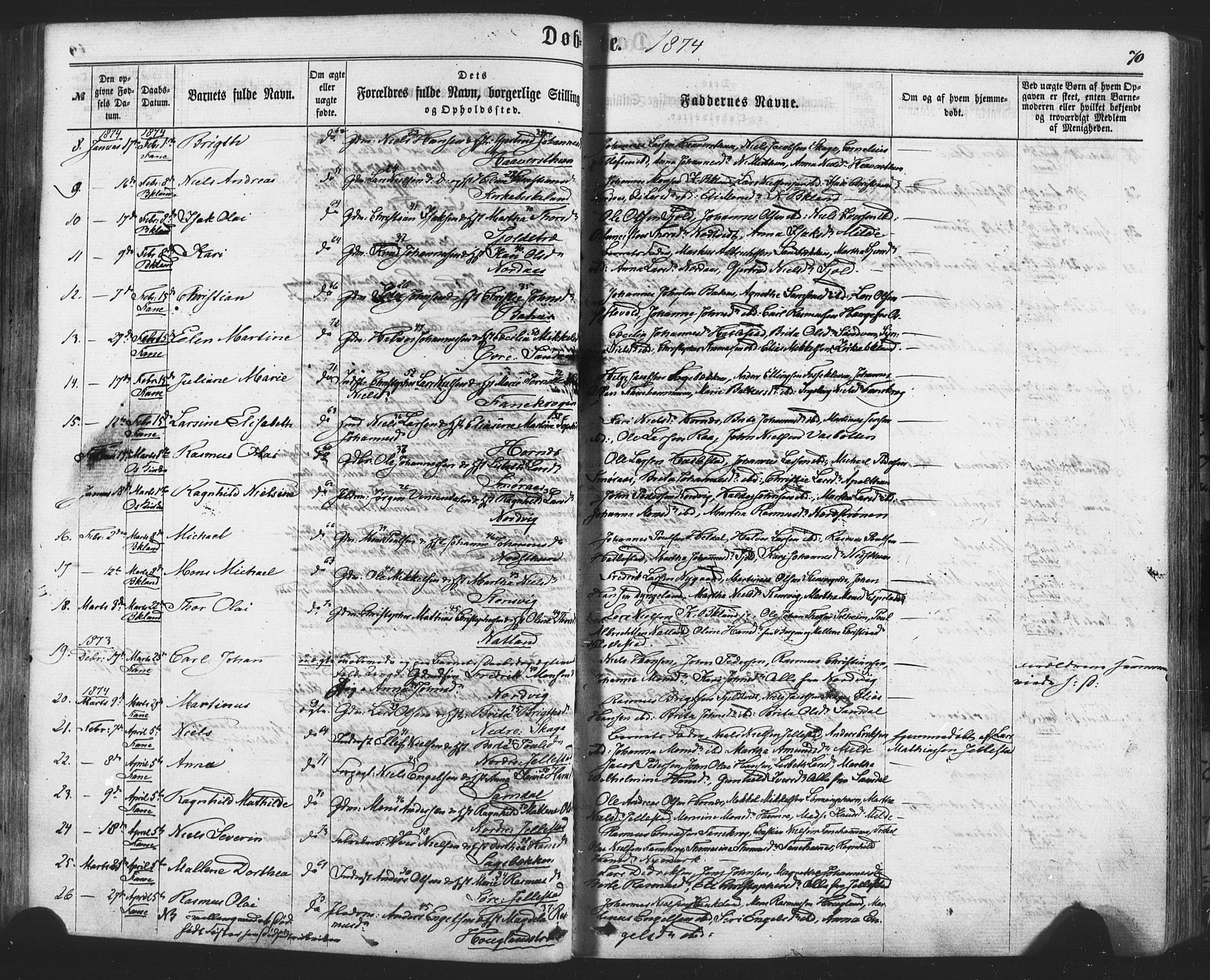 Fana Sokneprestembete, AV/SAB-A-75101/H/Haa/Haaa/L0012: Parish register (official) no. A 12, 1862-1878, p. 70