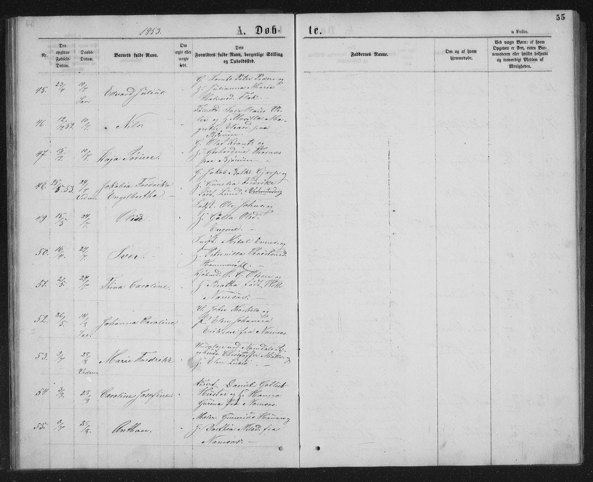 Ministerialprotokoller, klokkerbøker og fødselsregistre - Nord-Trøndelag, AV/SAT-A-1458/768/L0566: Parish register (official) no. 768A01, 1836-1865, p. 55