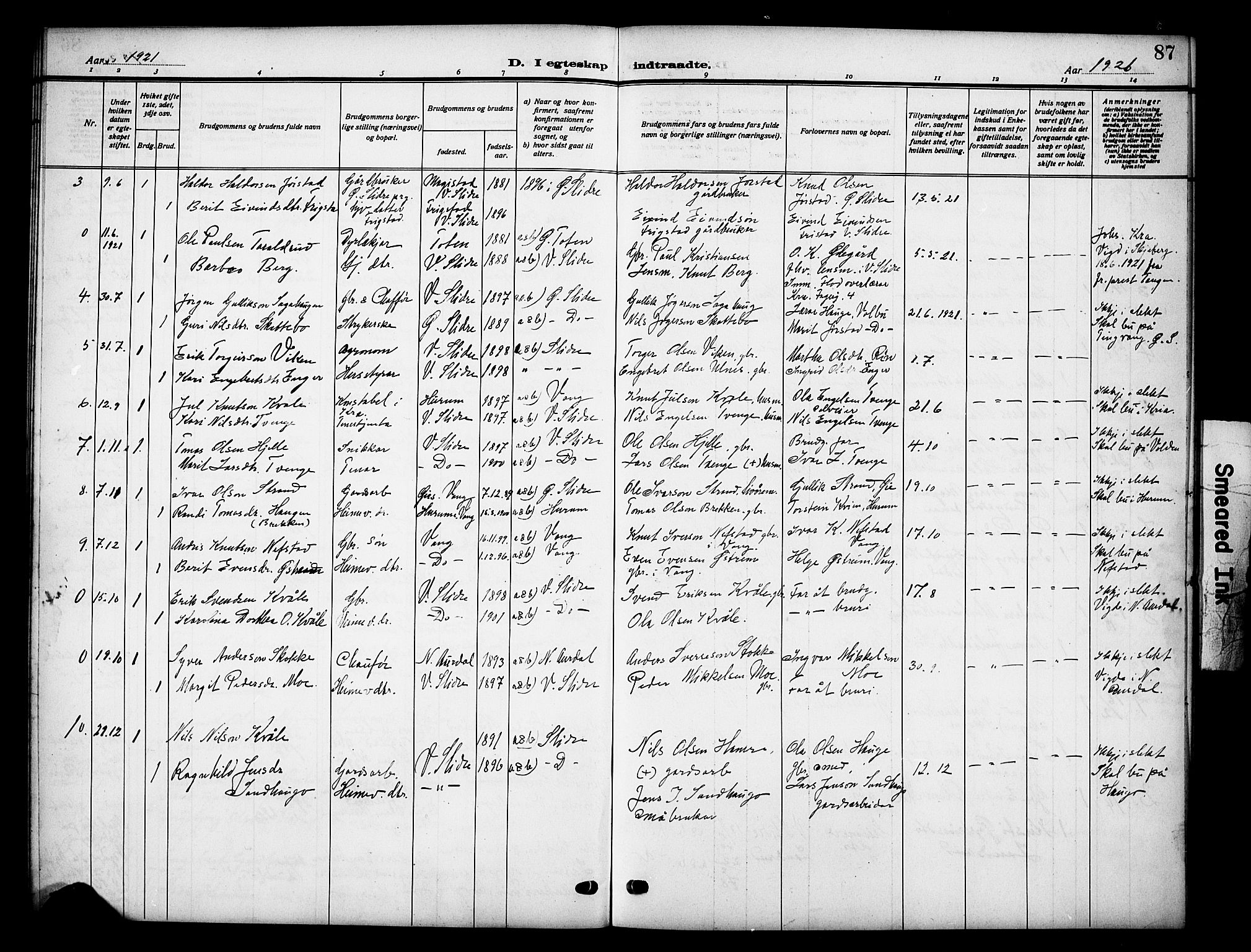 Vestre Slidre prestekontor, AV/SAH-PREST-136/H/Ha/Hab/L0007: Parish register (copy) no. 7, 1909-1930, p. 87