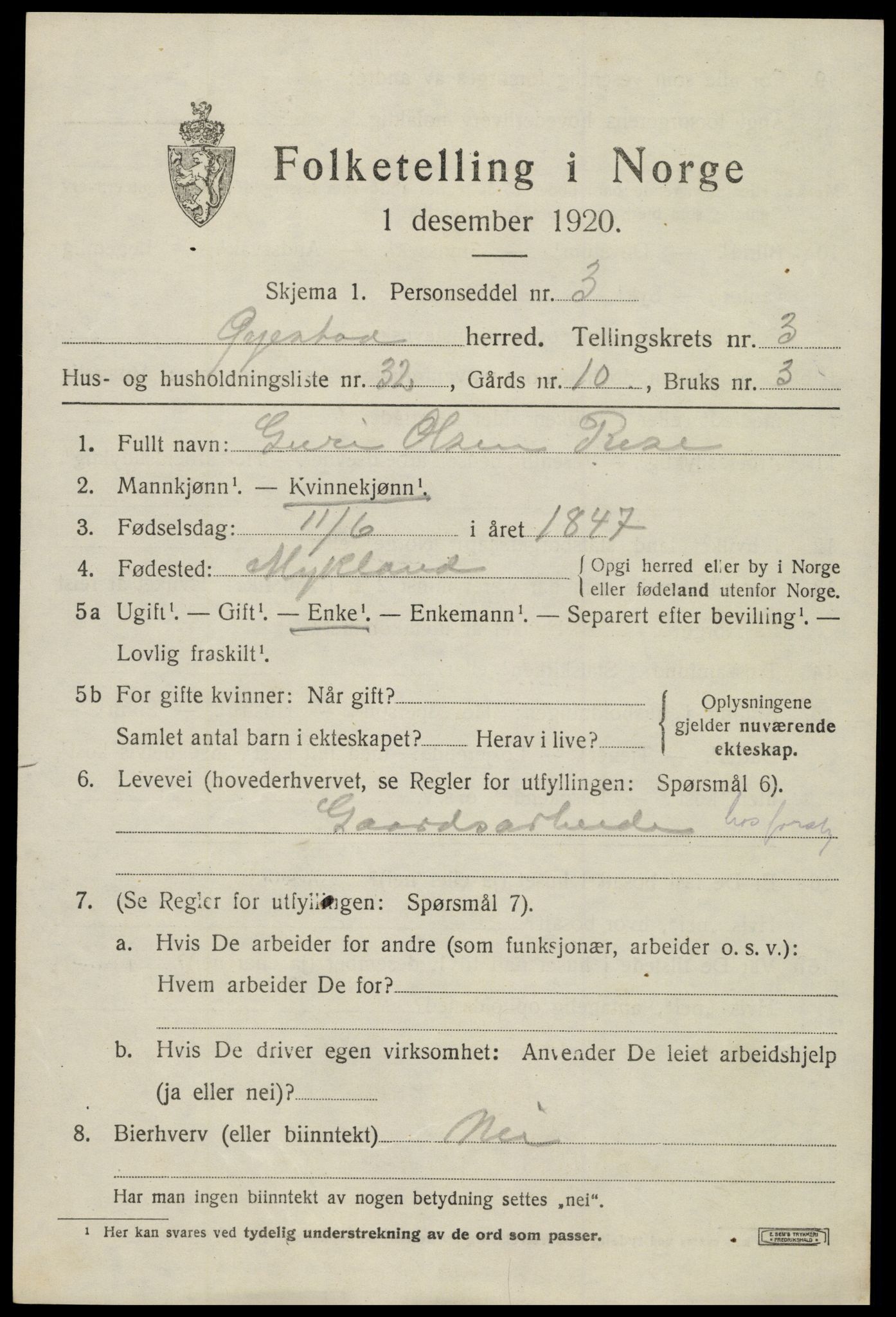 SAK, 1920 census for Øyestad, 1920, p. 3020