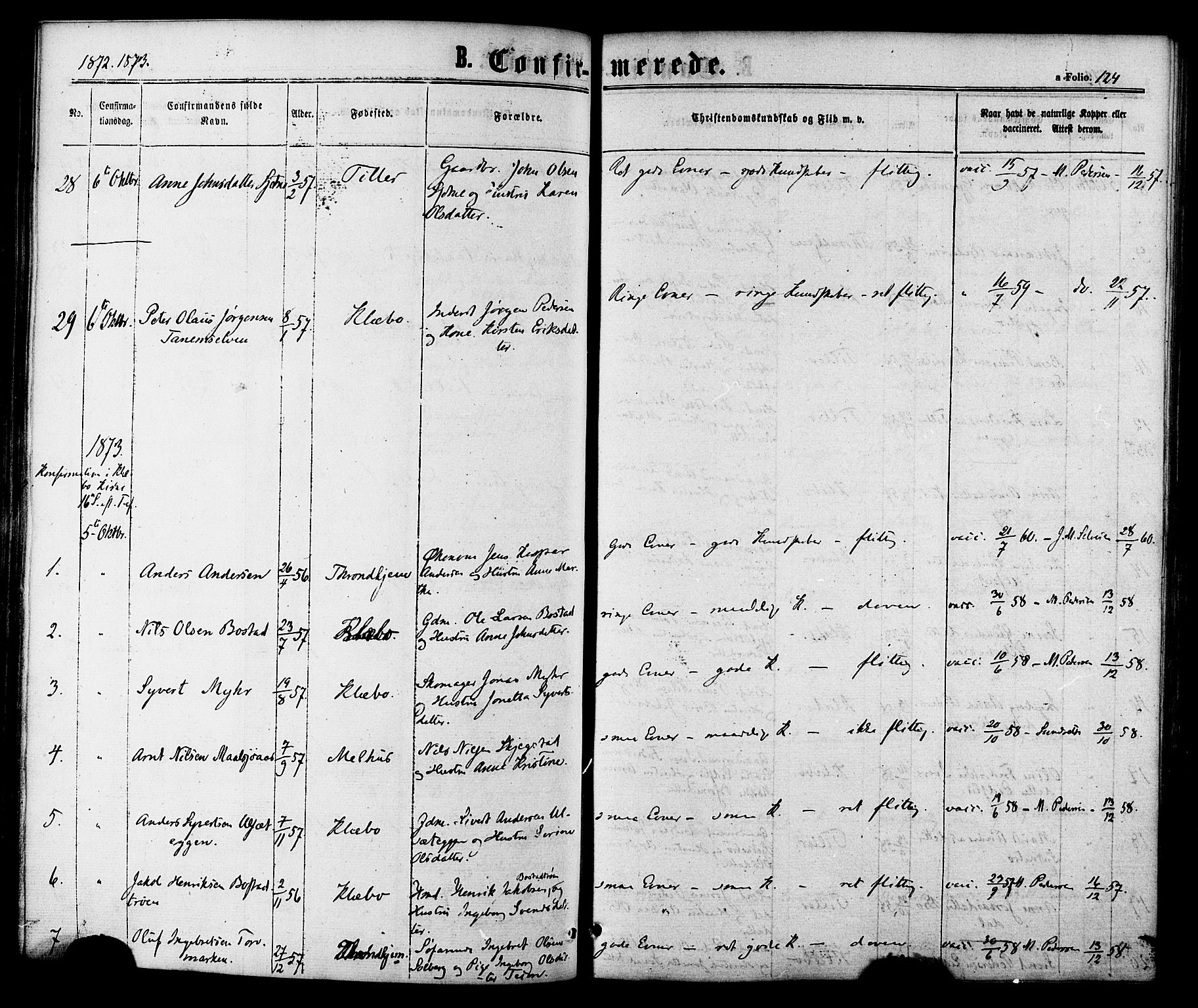 Ministerialprotokoller, klokkerbøker og fødselsregistre - Sør-Trøndelag, SAT/A-1456/618/L0442: Parish register (official) no. 618A06 /1, 1863-1879, p. 124