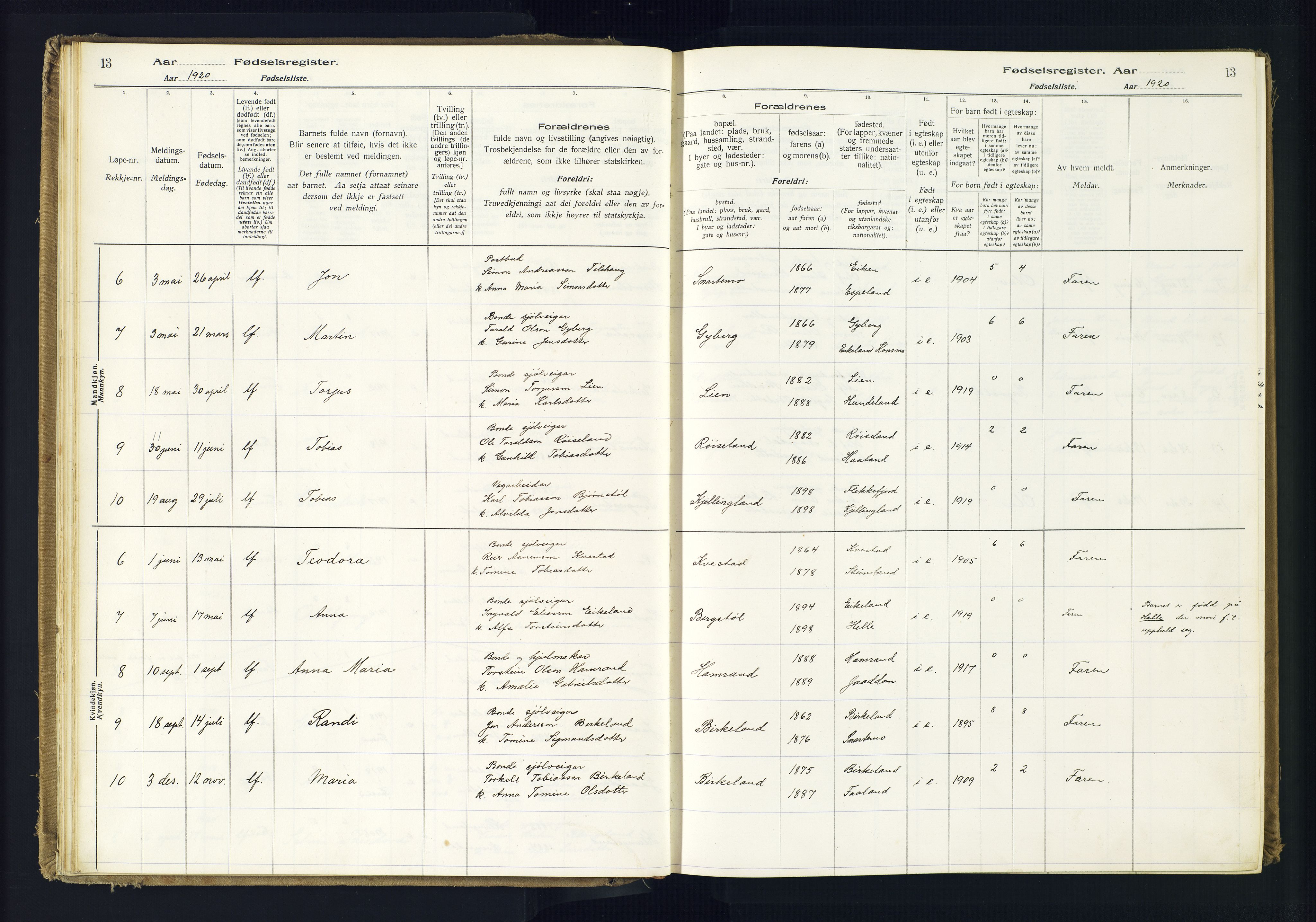 Hægebostad sokneprestkontor, SAK/1111-0024/J/Ja/L0001: Birth register no. II.6.7, 1916-1982, p. 13