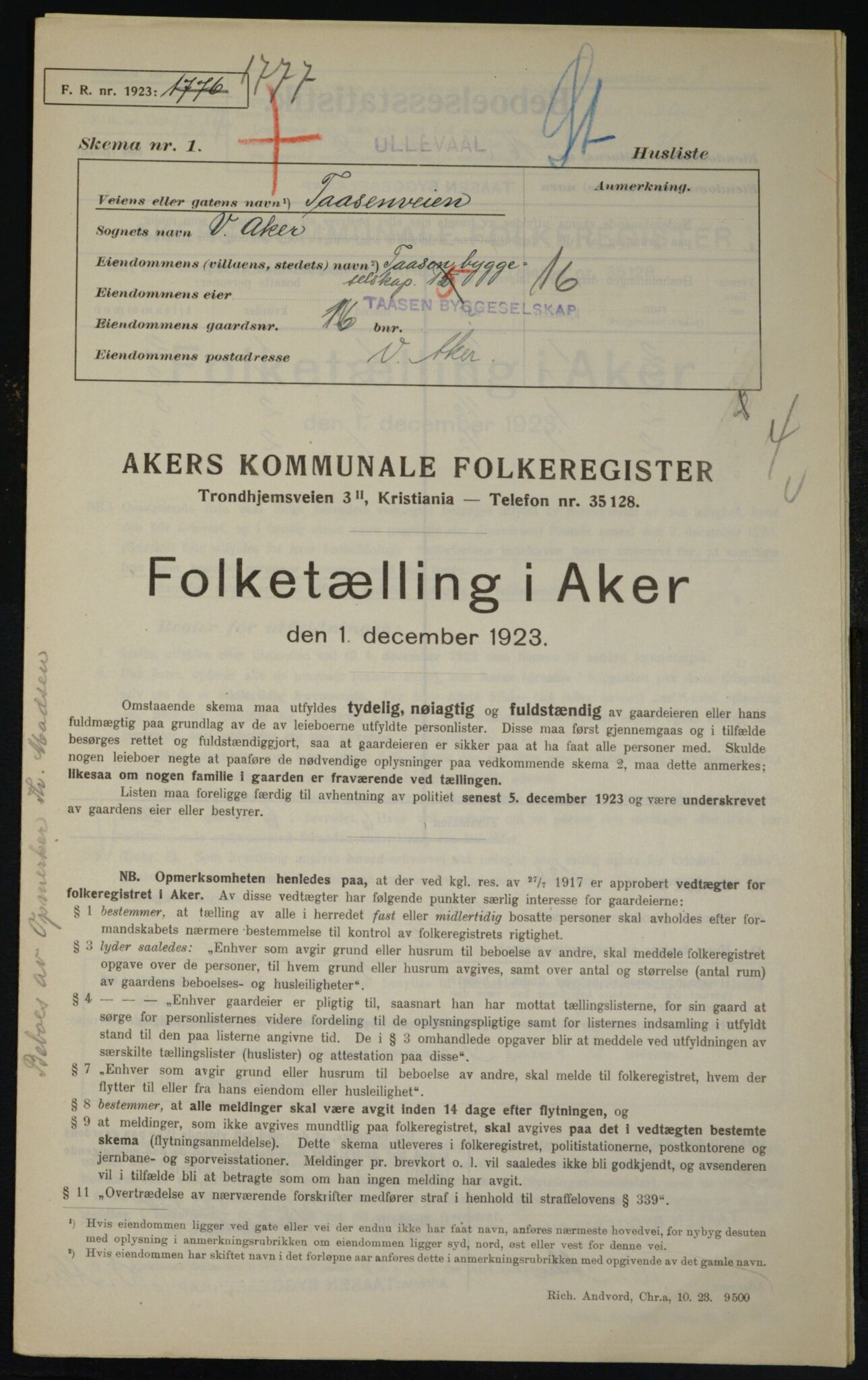 , Municipal Census 1923 for Aker, 1923, p. 19303