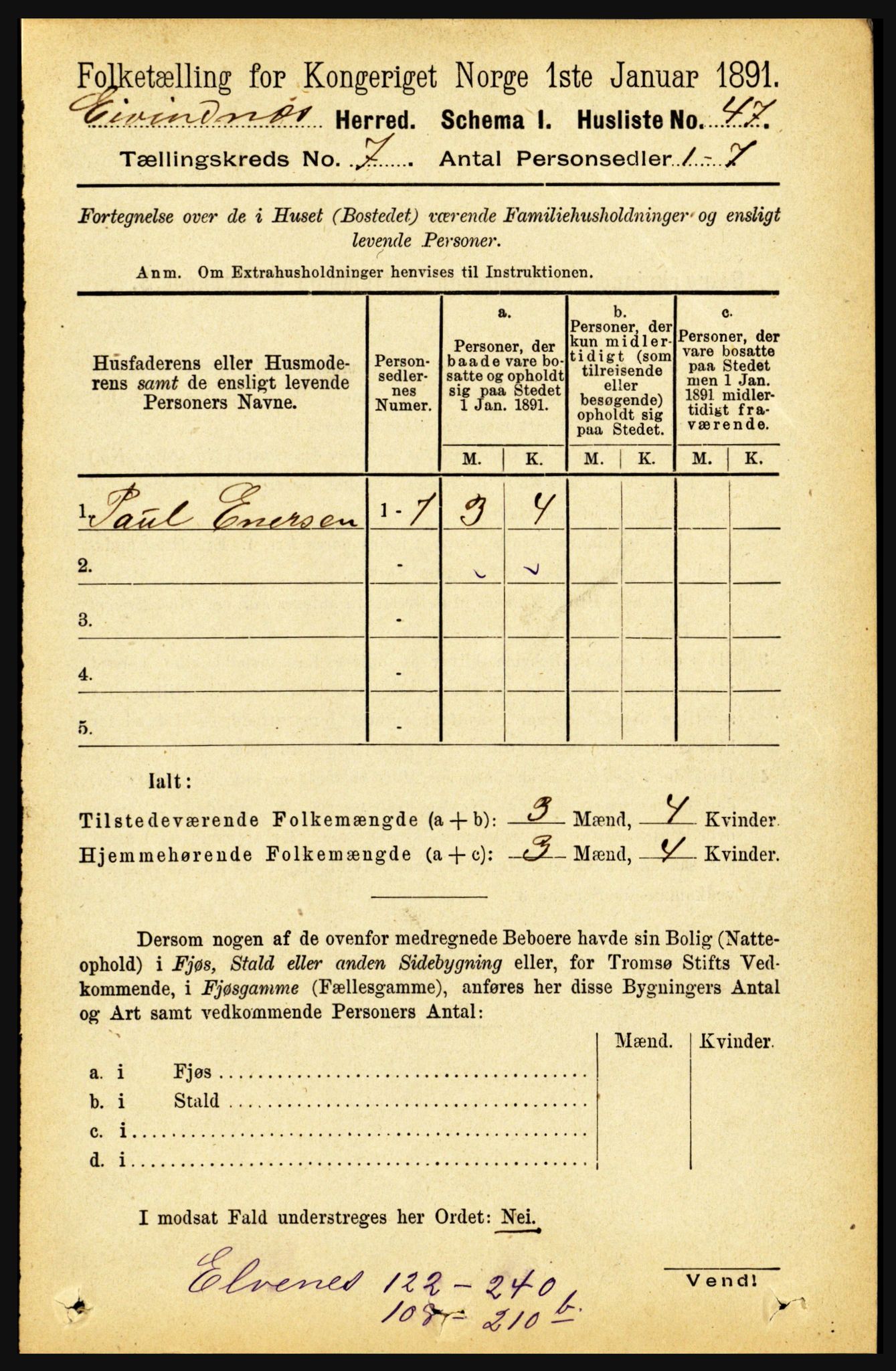 RA, 1891 census for 1853 Evenes, 1891, p. 2168