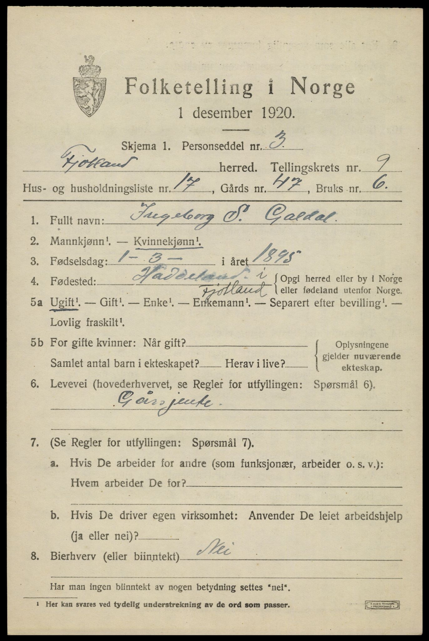 SAK, 1920 census for Fjotland, 1920, p. 2406