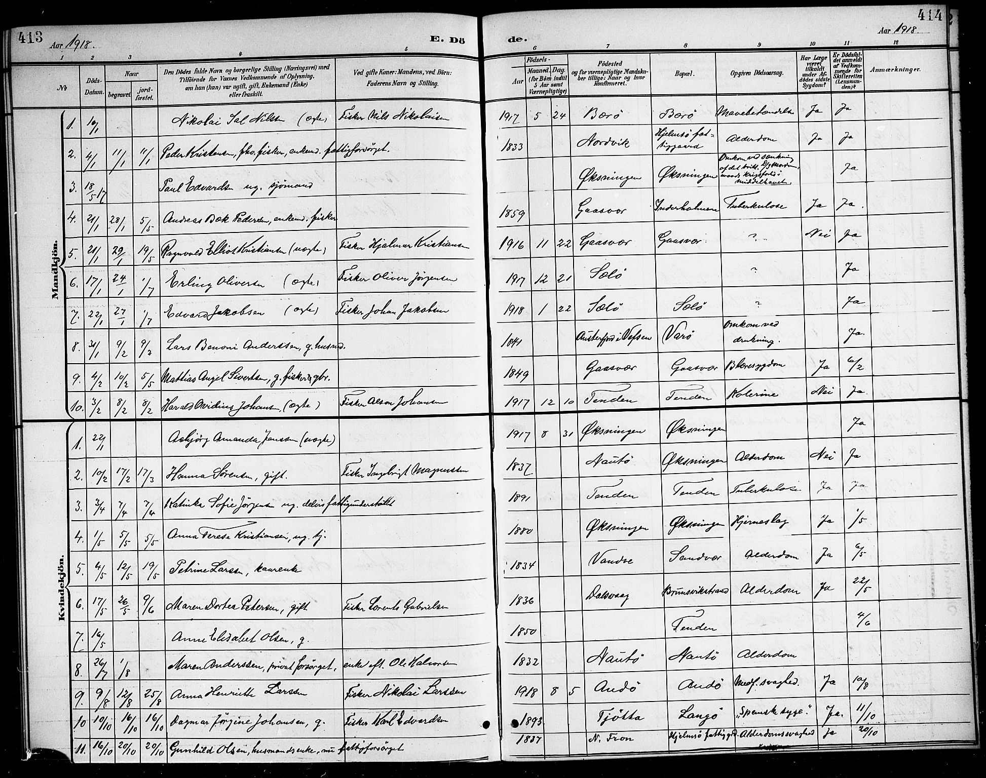 Ministerialprotokoller, klokkerbøker og fødselsregistre - Nordland, SAT/A-1459/834/L0516: Parish register (copy) no. 834C06, 1902-1918, p. 413-414
