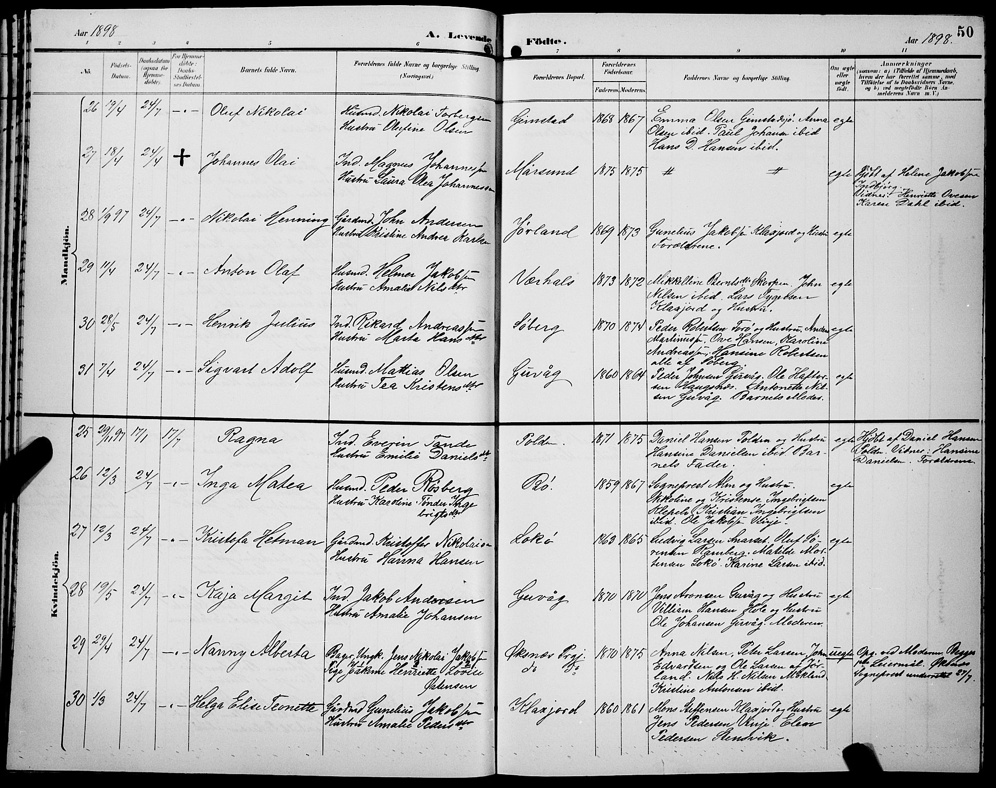 Ministerialprotokoller, klokkerbøker og fødselsregistre - Nordland, AV/SAT-A-1459/891/L1316: Parish register (copy) no. 891C05, 1894-1898, p. 50