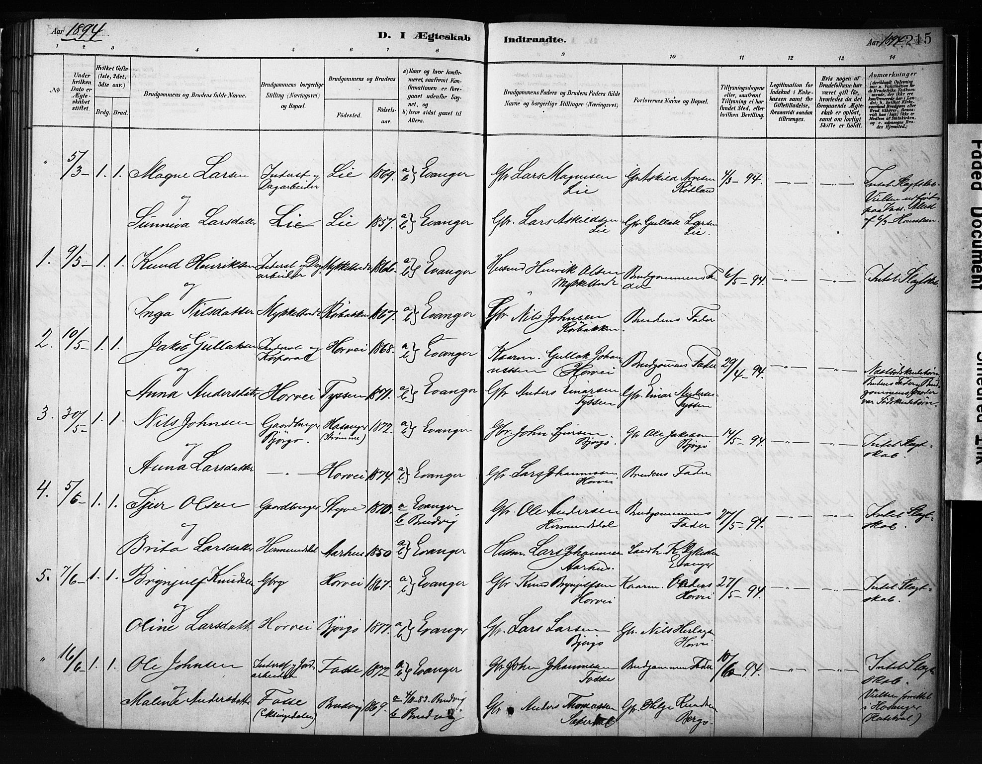 Evanger sokneprestembete, SAB/A-99924: Parish register (official) no. A 1, 1877-1899, p. 215