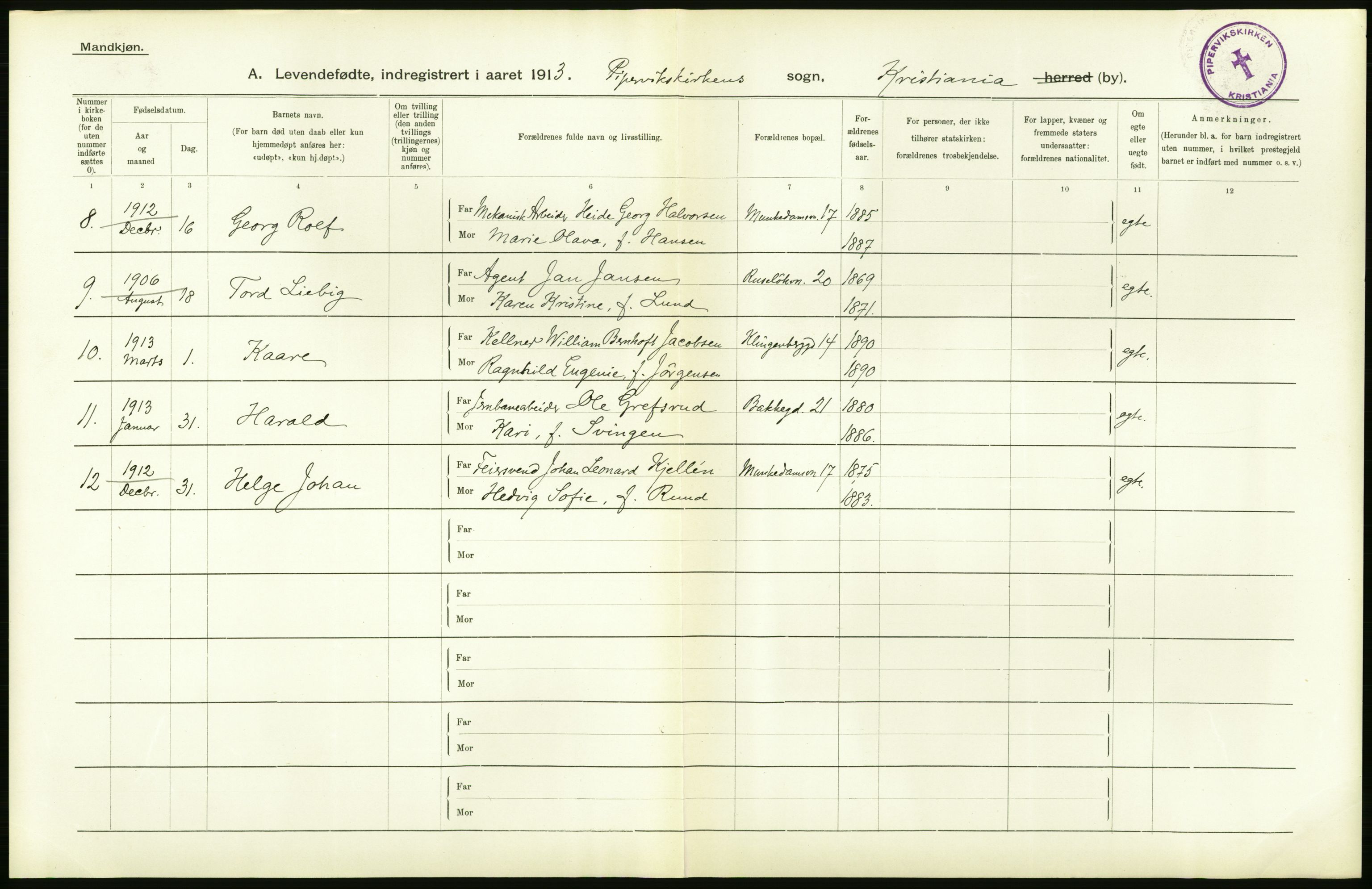 Statistisk sentralbyrå, Sosiodemografiske emner, Befolkning, AV/RA-S-2228/D/Df/Dfb/Dfbc/L0007: Kristiania: Levendefødte menn og kvinner., 1913, p. 312