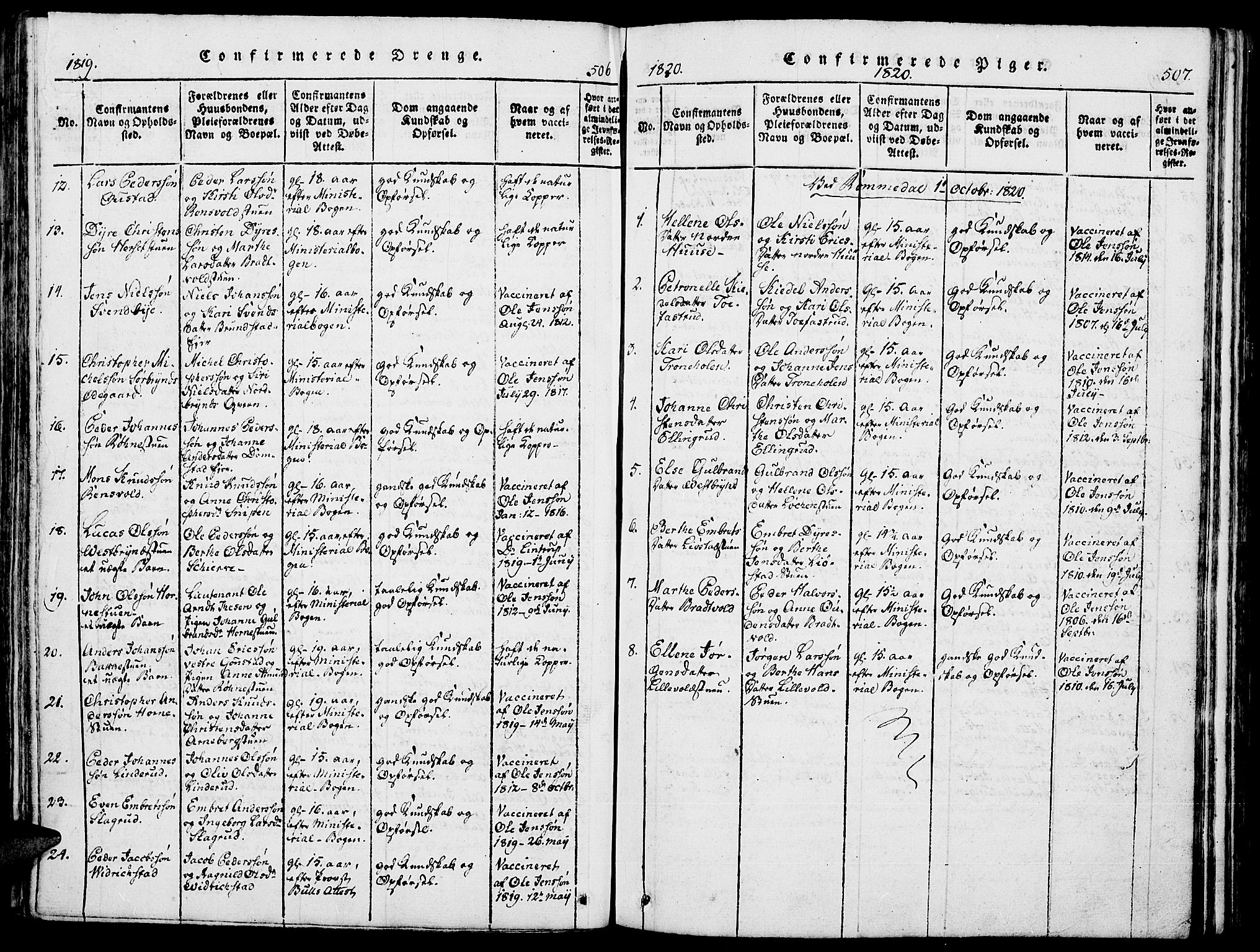 Romedal prestekontor, SAH/PREST-004/K/L0002: Parish register (official) no. 2, 1814-1828, p. 506-507