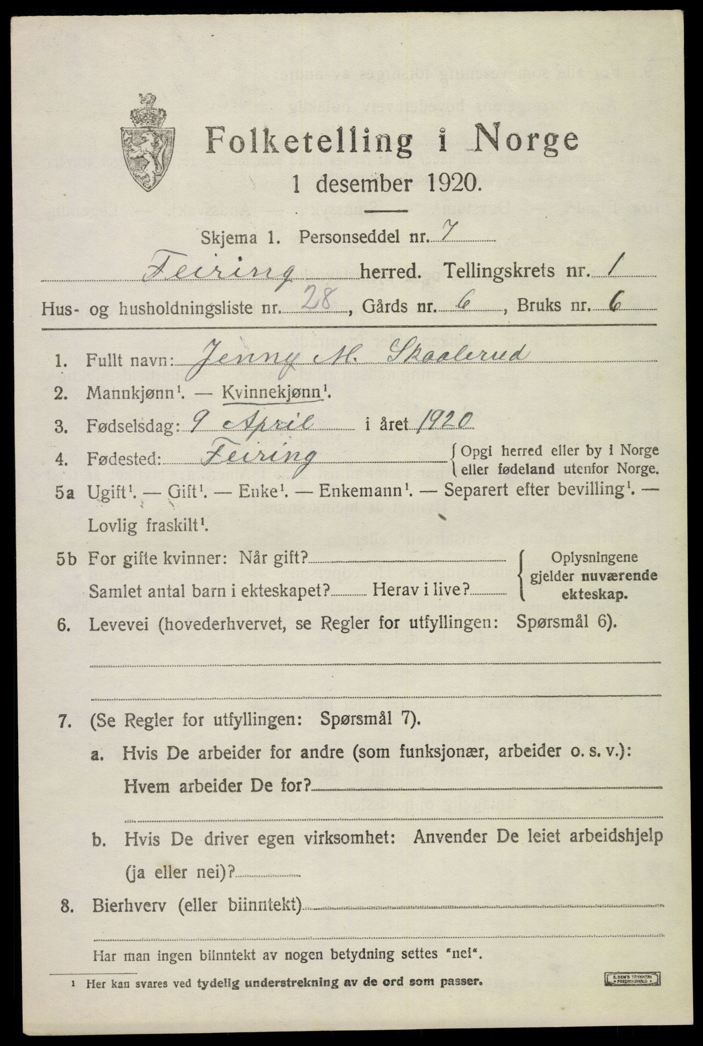 SAO, 1920 census for Feiring, 1920, p. 760