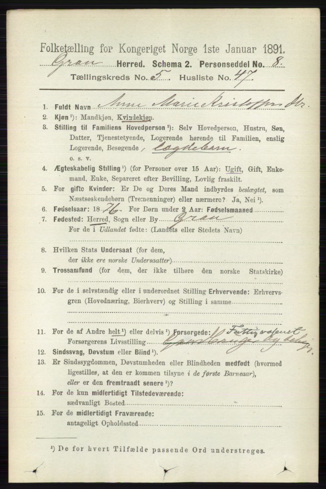 RA, 1891 census for 0534 Gran, 1891, p. 1892