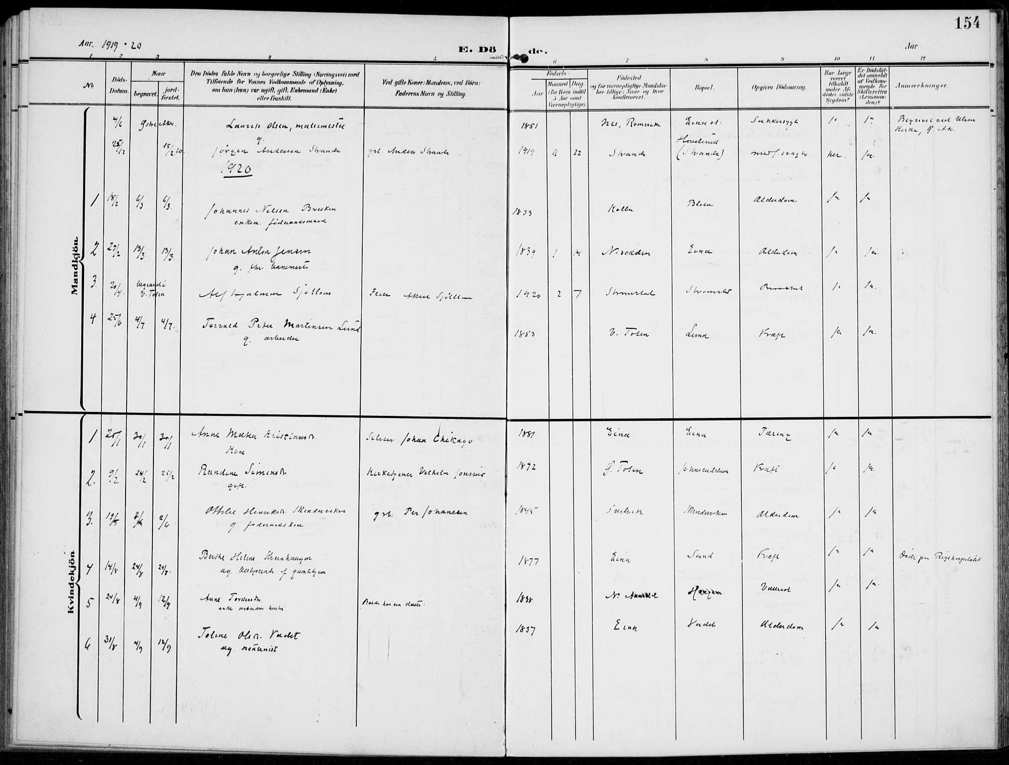 Kolbu prestekontor, SAH/PREST-110/H/Ha/Haa/L0001: Parish register (official) no. 1, 1907-1923, p. 154