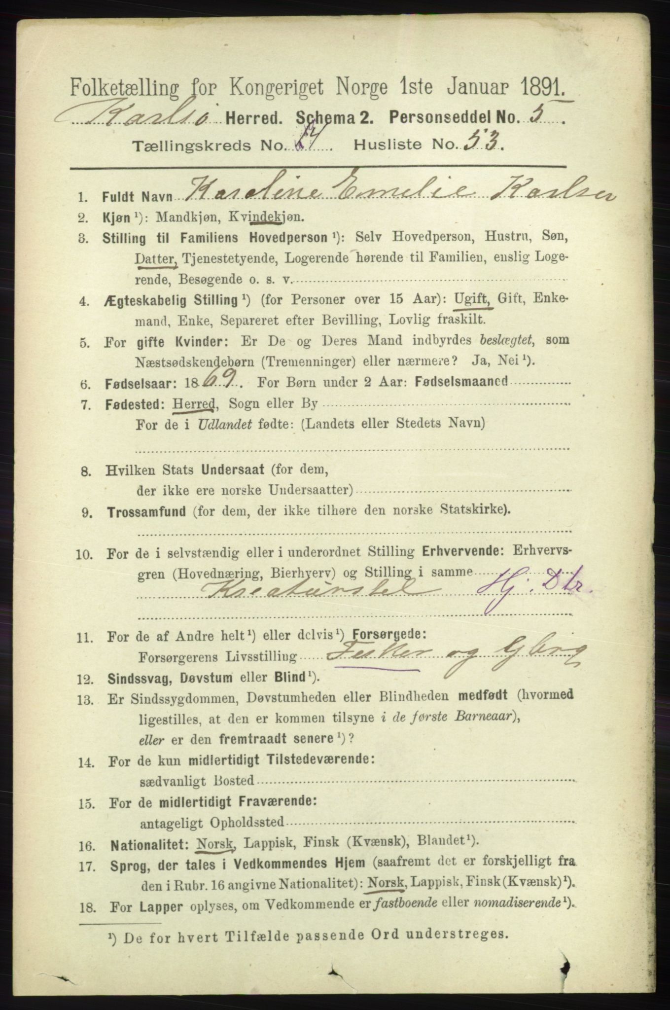 RA, 1891 census for 1936 Karlsøy, 1891, p. 1222