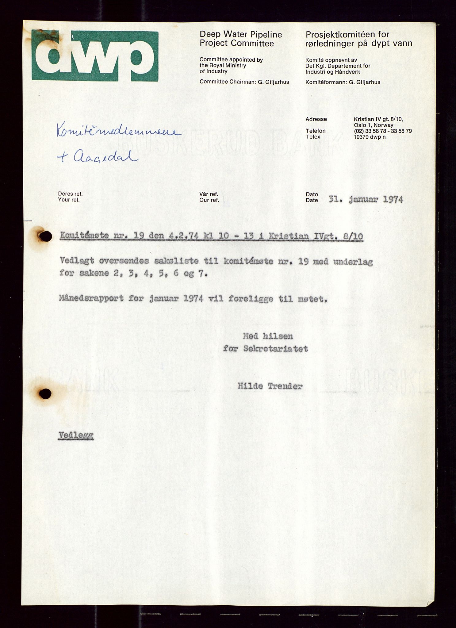 Industridepartementet, Oljekontoret, AV/SAST-A-101348/Di/L0001: DWP, møter juni - november, komiteemøter nr. 19 - 26, 1973-1974, p. 19