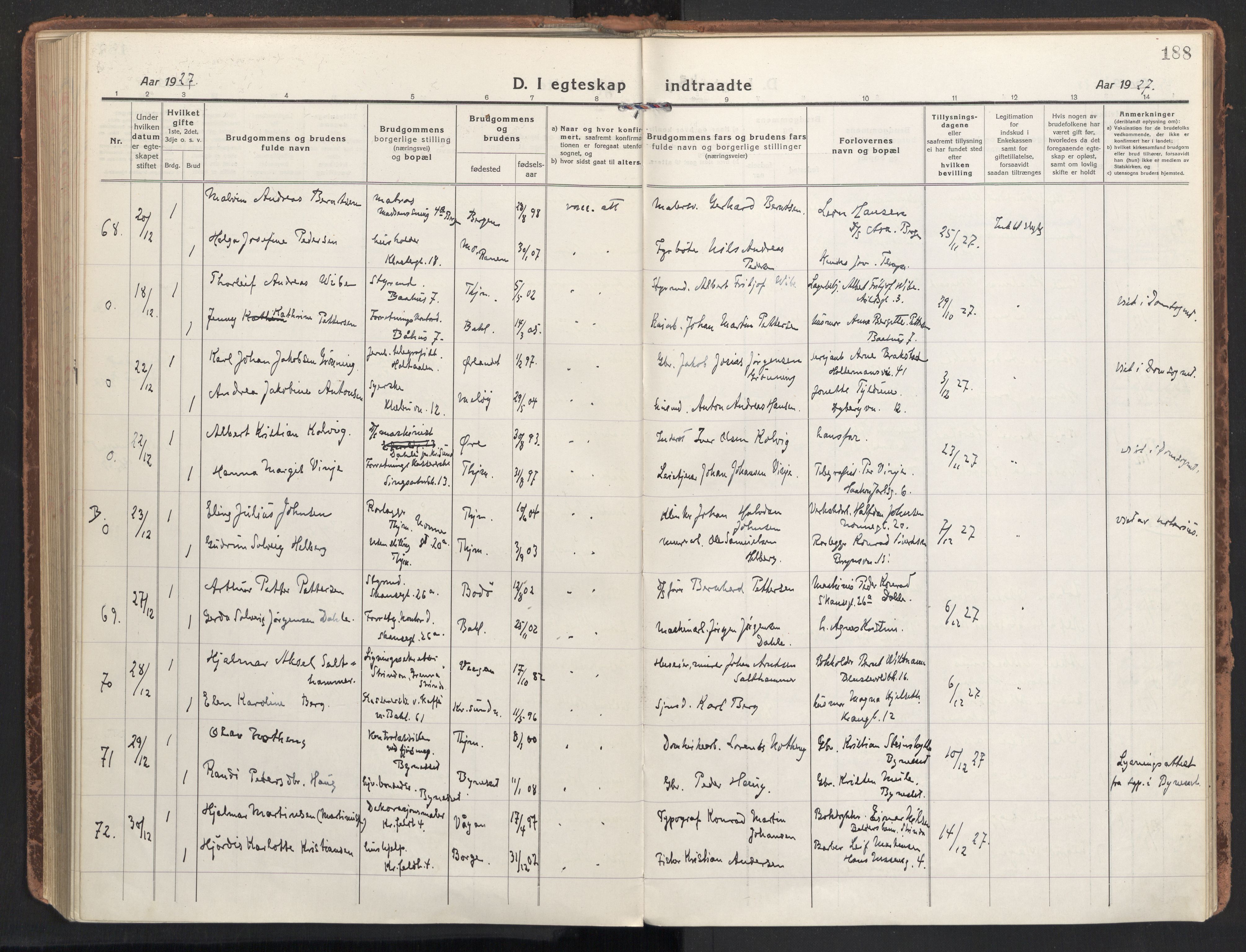 Ministerialprotokoller, klokkerbøker og fødselsregistre - Sør-Trøndelag, AV/SAT-A-1456/604/L0206: Parish register (official) no. 604A26, 1917-1931, p. 188