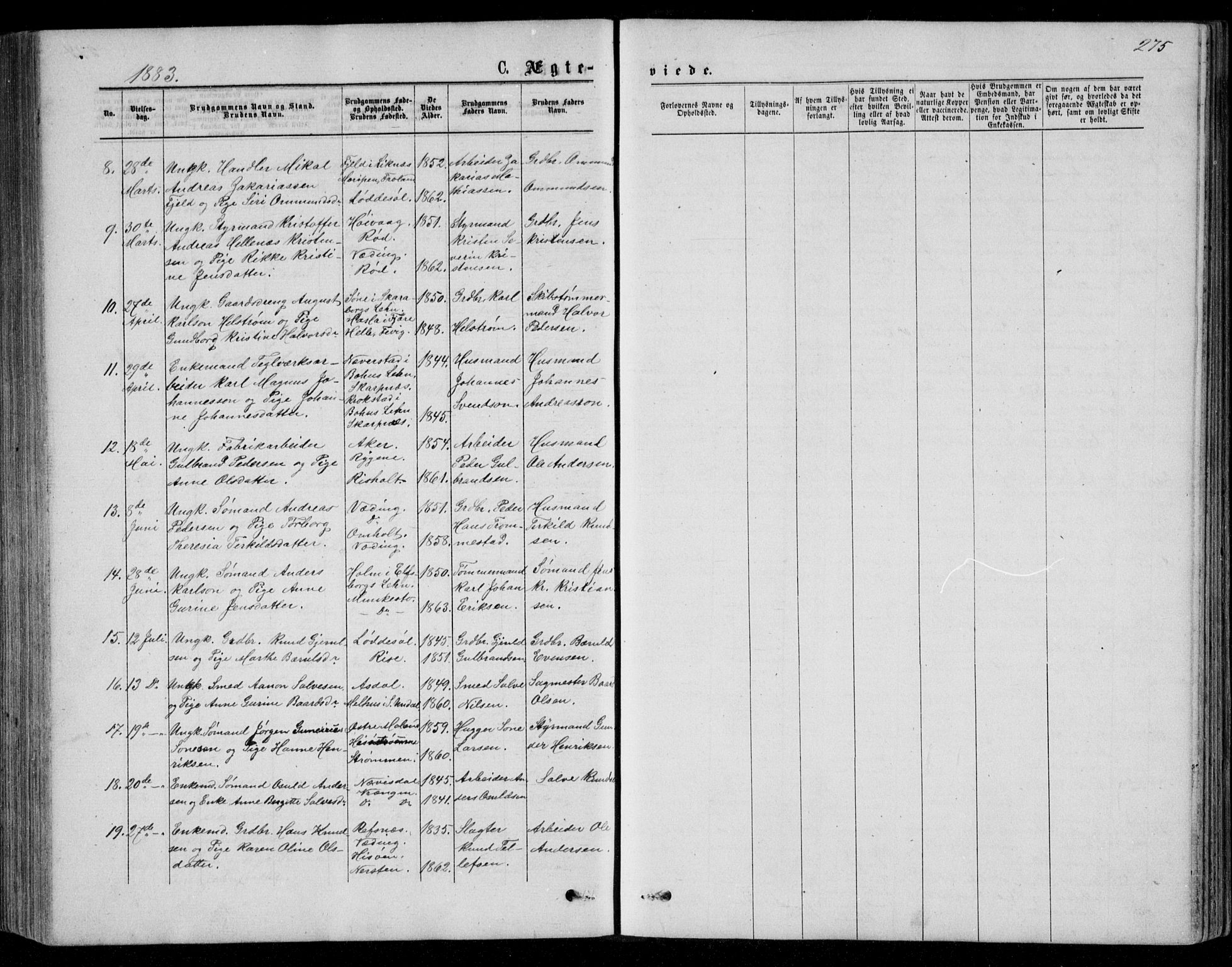 Øyestad sokneprestkontor, SAK/1111-0049/F/Fb/L0008: Parish register (copy) no. B 8, 1872-1886, p. 275
