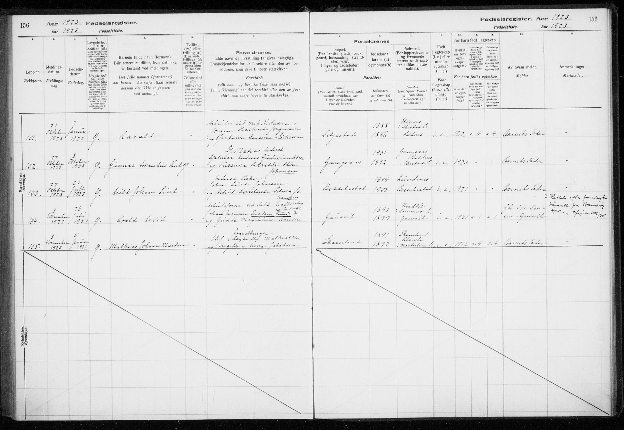 Trondenes sokneprestkontor, AV/SATØ-S-1319/I/Ia/L0089: Birth register no. 89, 1916-1925, p. 156