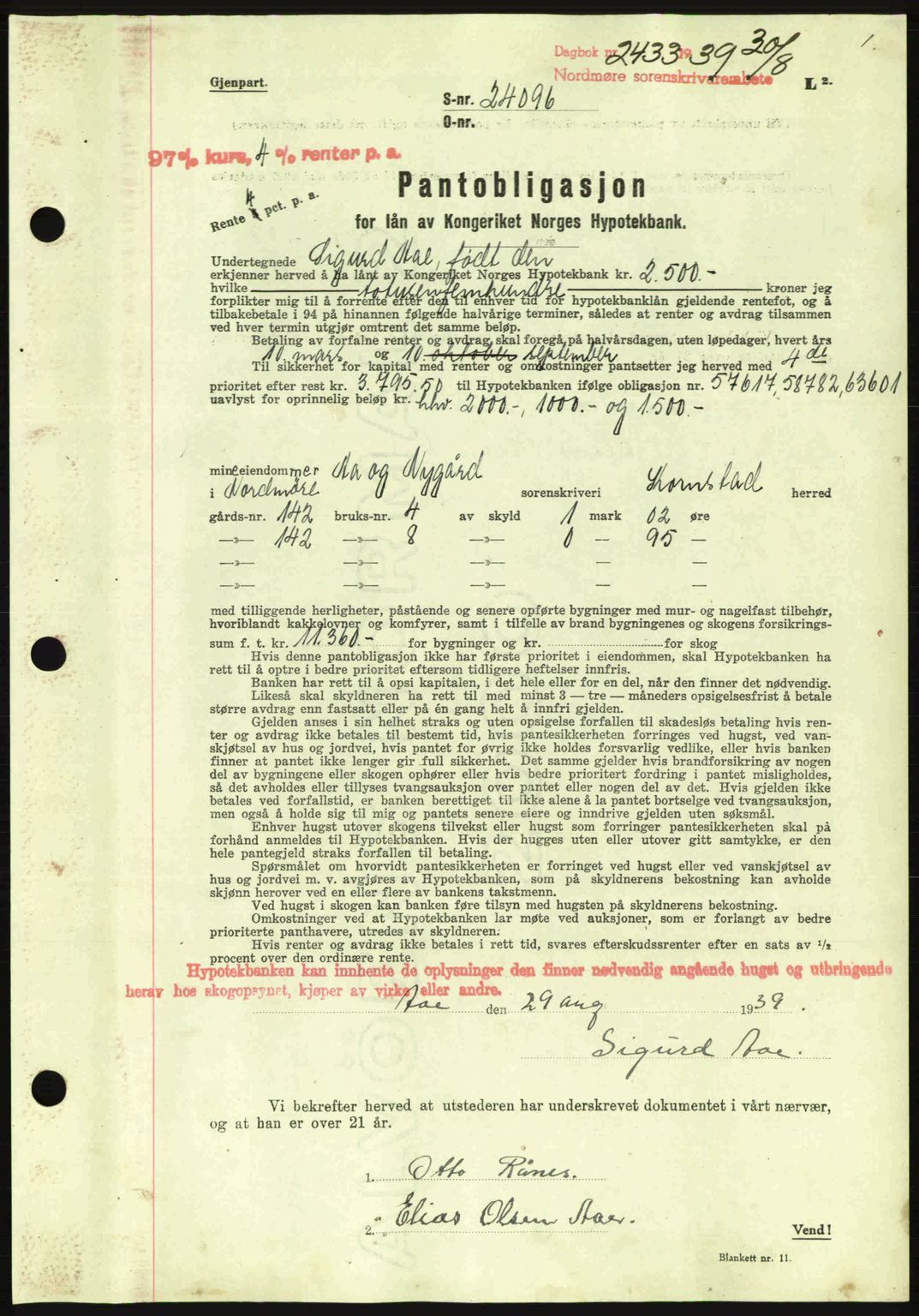 Nordmøre sorenskriveri, AV/SAT-A-4132/1/2/2Ca: Mortgage book no. B86, 1939-1940, Diary no: : 2433/1939