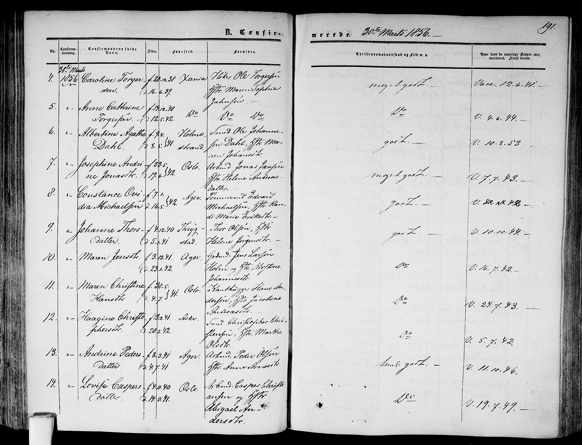 Gamlebyen prestekontor Kirkebøker, AV/SAO-A-10884/F/Fa/L0004: Parish register (official) no. 4, 1850-1857, p. 191