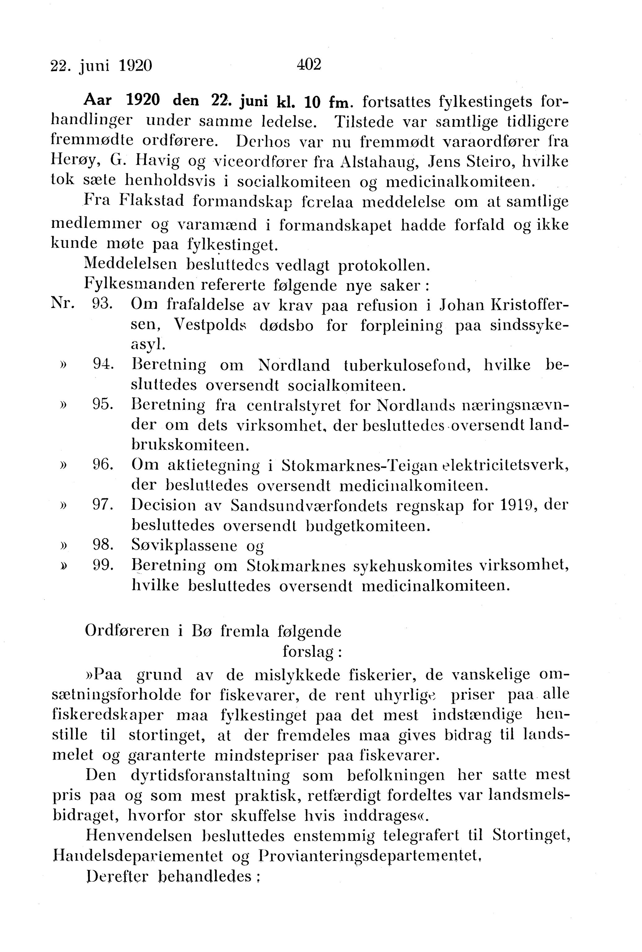 Nordland Fylkeskommune. Fylkestinget, AIN/NFK-17/176/A/Ac/L0043: Fylkestingsforhandlinger 1920, 1920, p. 402