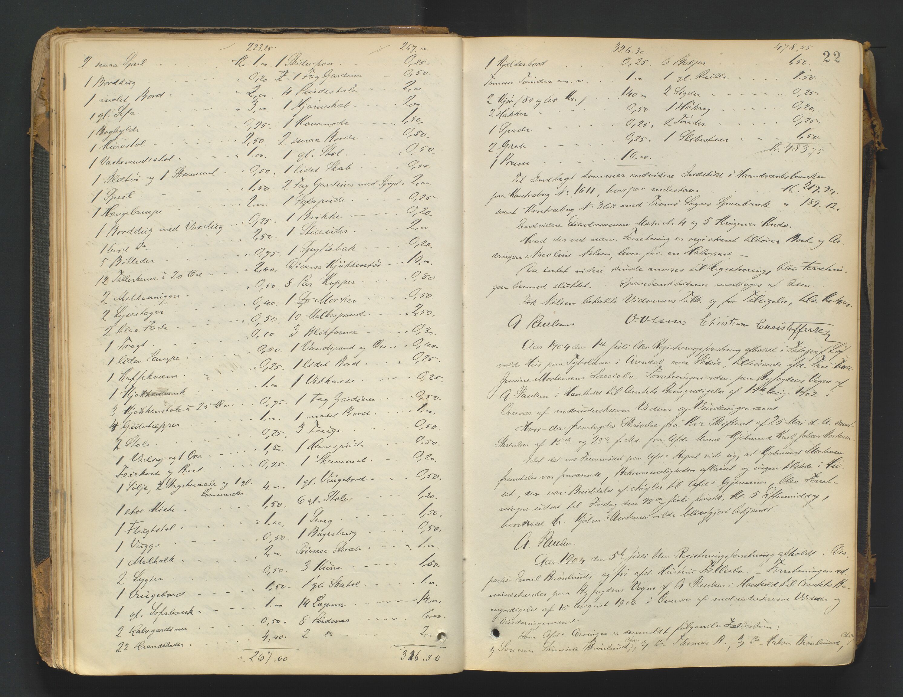 Arendal byfogd, AV/SAK-1222-0001/H/Hc/L0037: Skifteregistreringsprotokoll nr. 35, 1903-1926, p. 21b-22a