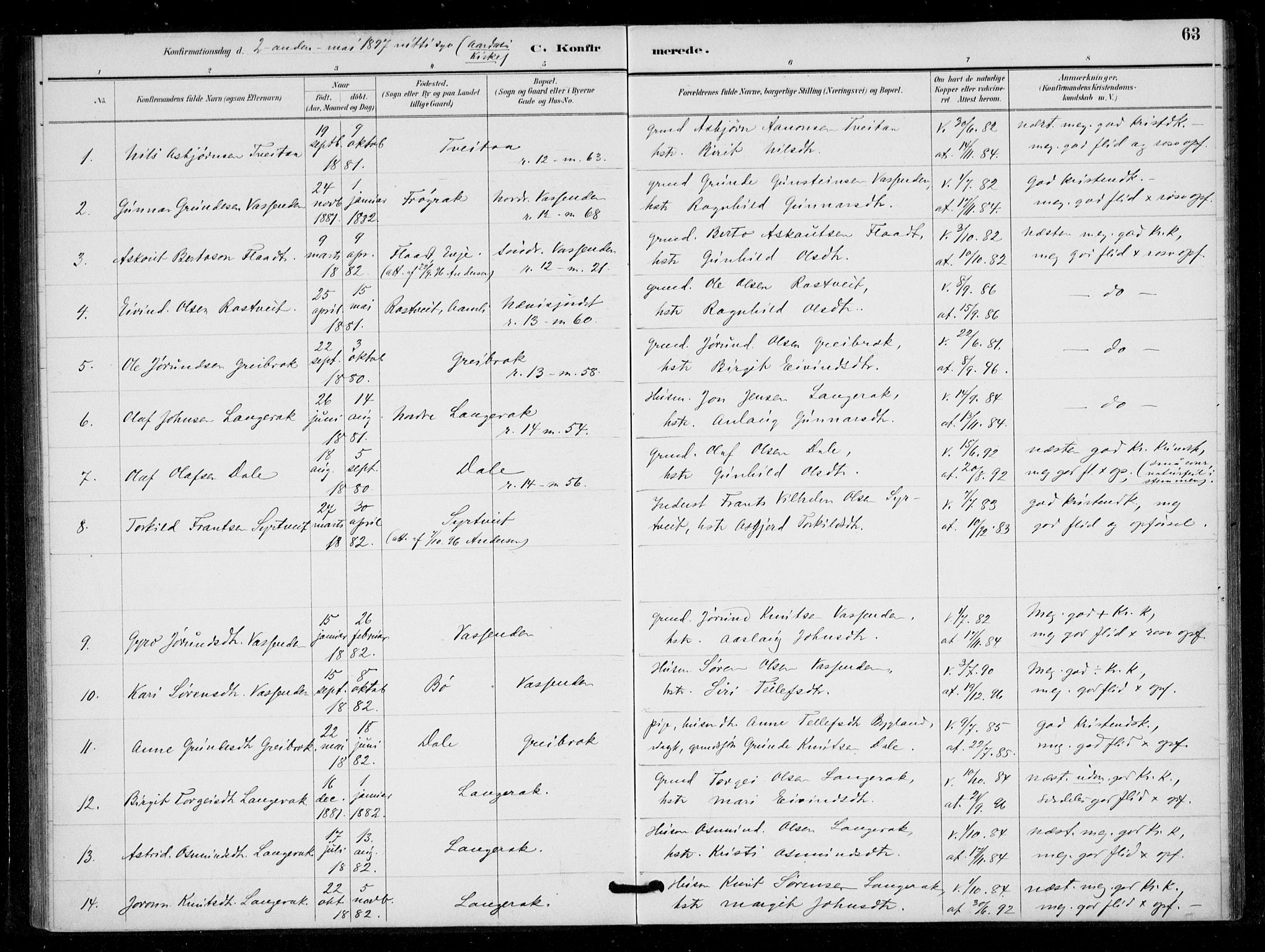 Bygland sokneprestkontor, SAK/1111-0006/F/Fa/Fad/L0001: Parish register (official) no. A 1, 1885-1906, p. 63