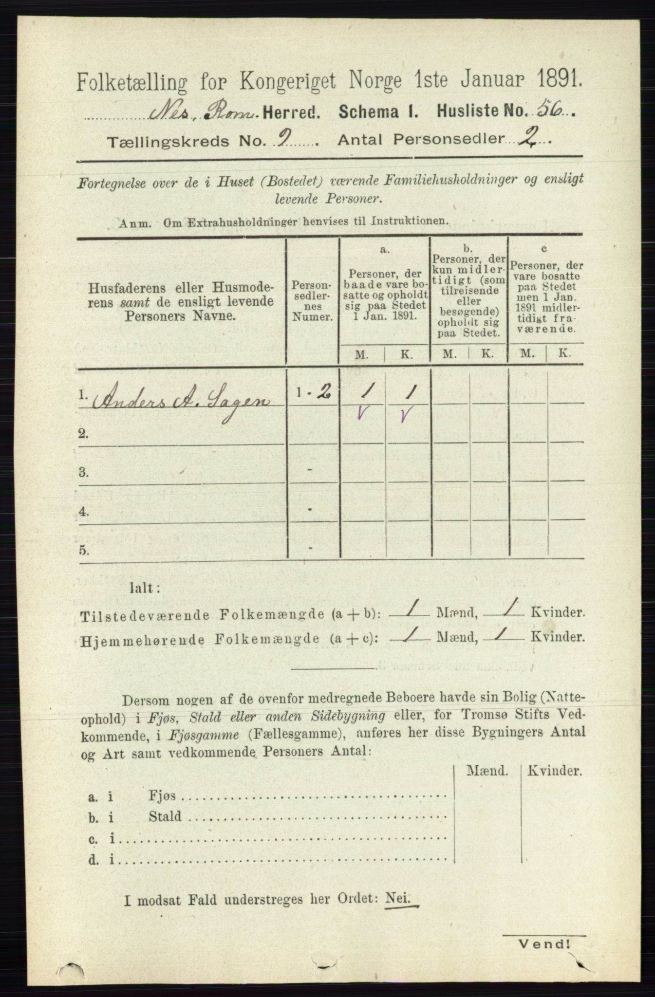 RA, 1891 census for 0236 Nes, 1891, p. 5242