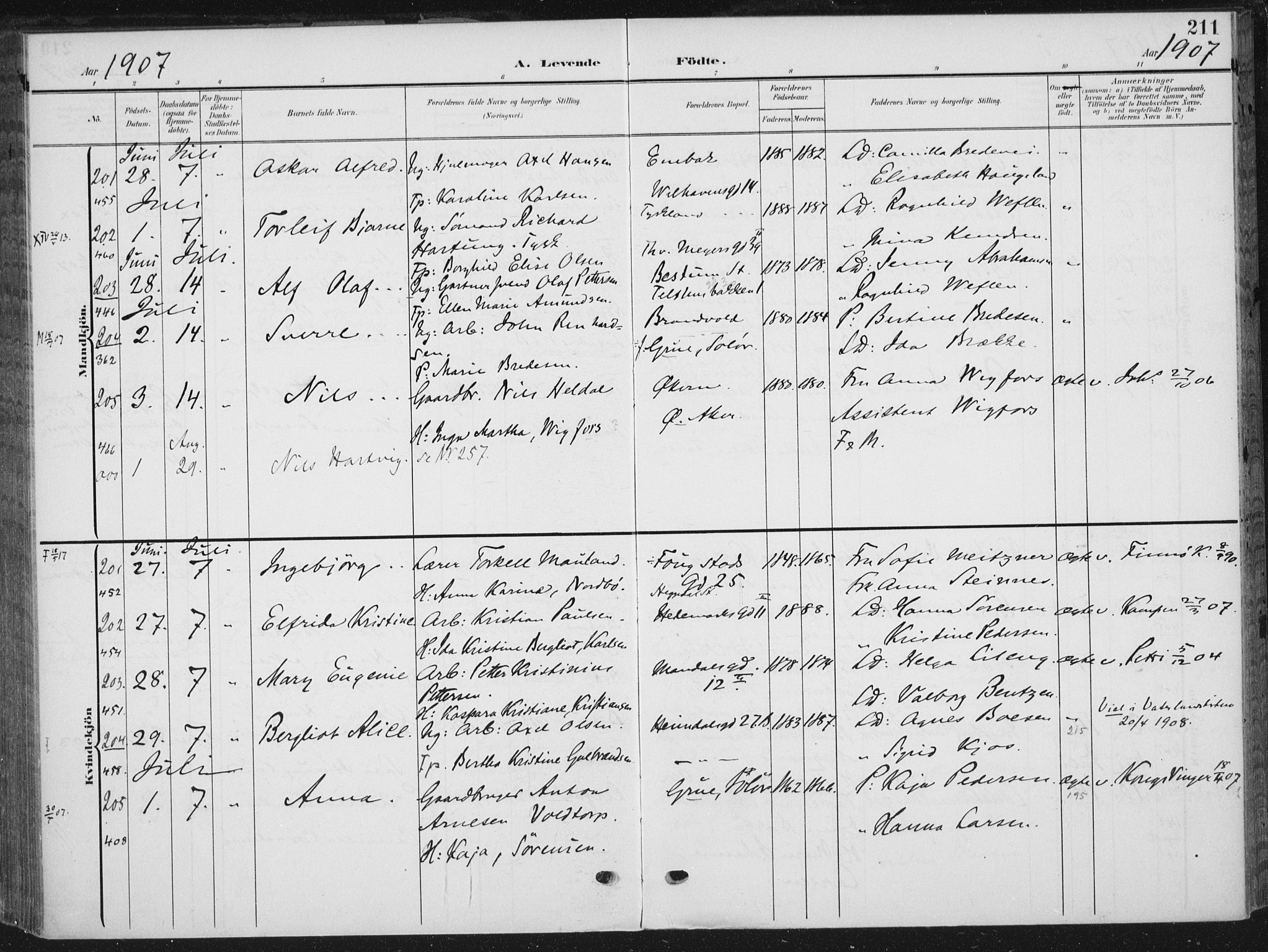 Rikshospitalet prestekontor Kirkebøker, SAO/A-10309b/F/L0013: Parish register (official) no. 13, 1905-1908, p. 211