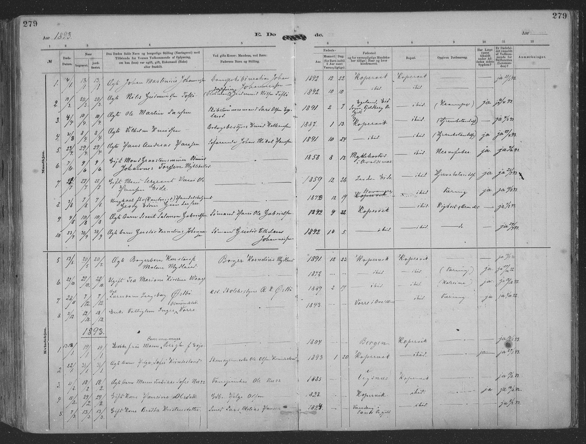 Kopervik sokneprestkontor, AV/SAST-A-101850/H/Ha/Haa/L0001: Parish register (official) no. A 1, 1880-1919, p. 279