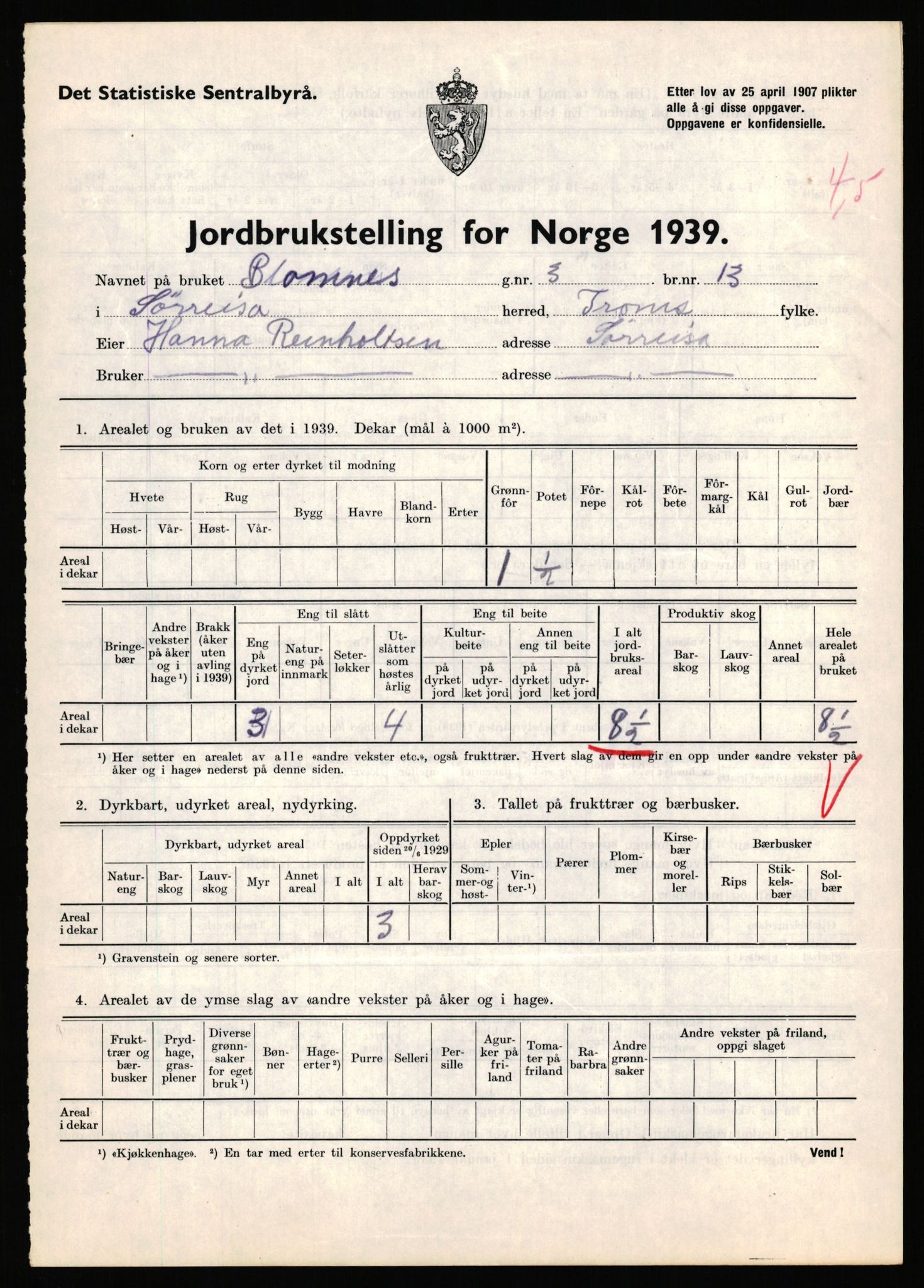 Statistisk sentralbyrå, Næringsøkonomiske emner, Jordbruk, skogbruk, jakt, fiske og fangst, AV/RA-S-2234/G/Gb/L0341: Troms: Sørreisa og Tranøy, 1939, p. 110