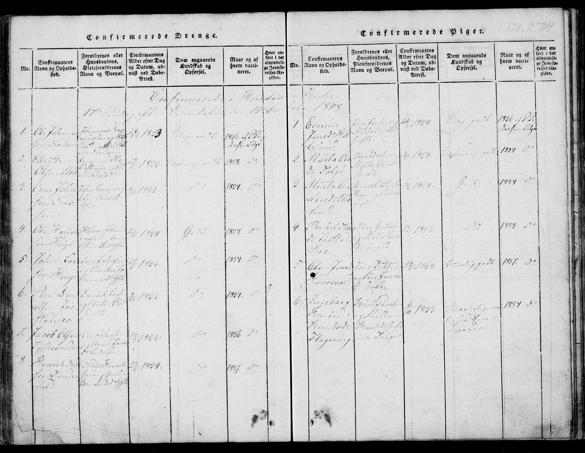 Nedstrand sokneprestkontor, AV/SAST-A-101841/01/IV: Parish register (official) no. A 7, 1816-1870, p. 274