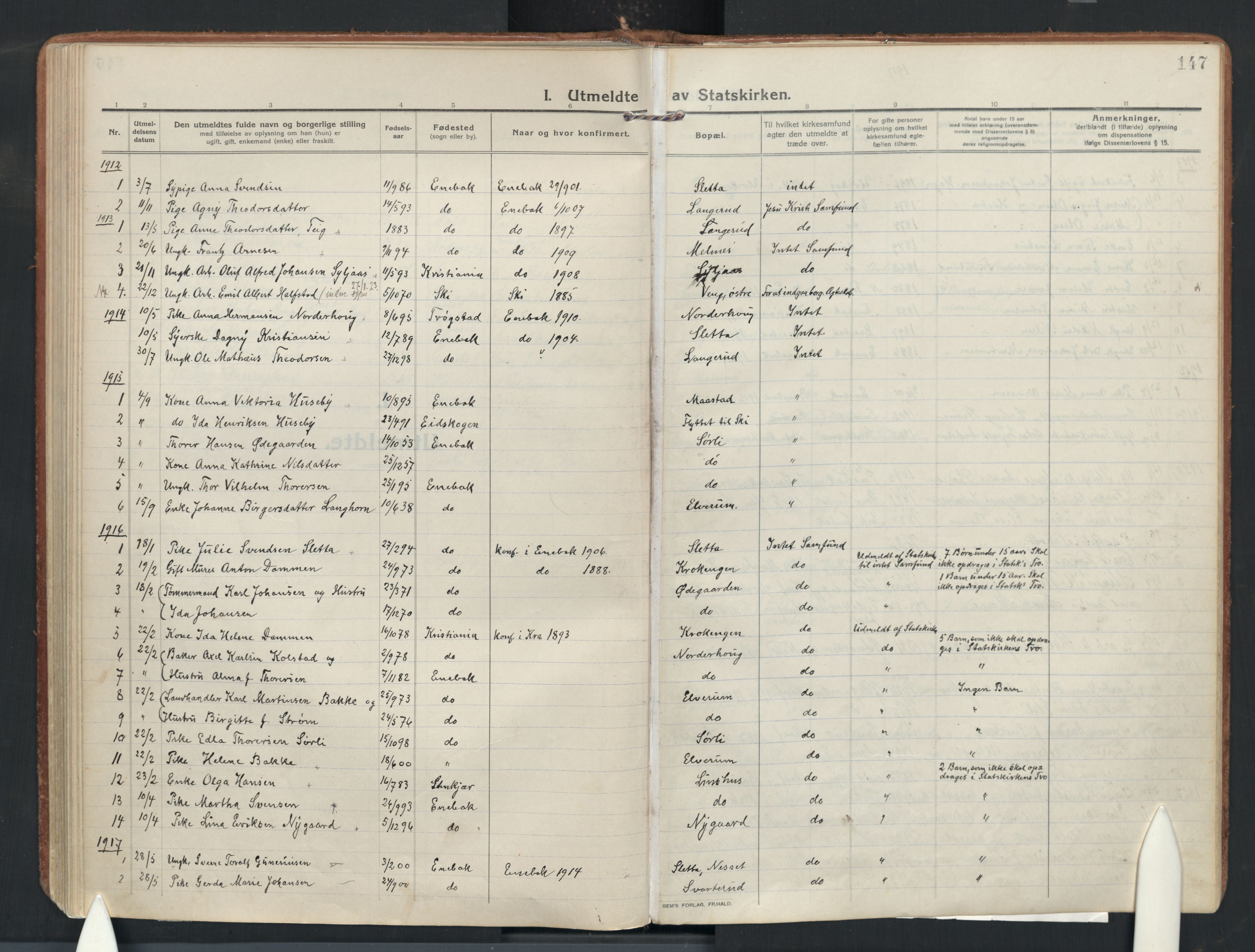 Enebakk prestekontor Kirkebøker, SAO/A-10171c/F/Fa/L0019: Parish register (official) no. I 19, 1912-1935, p. 147